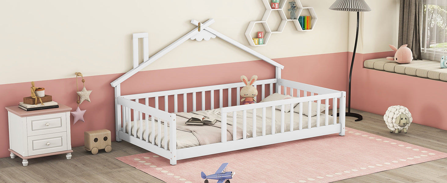 Twin House-Shaped Toddler Floor Bed with Guardrails and Slats