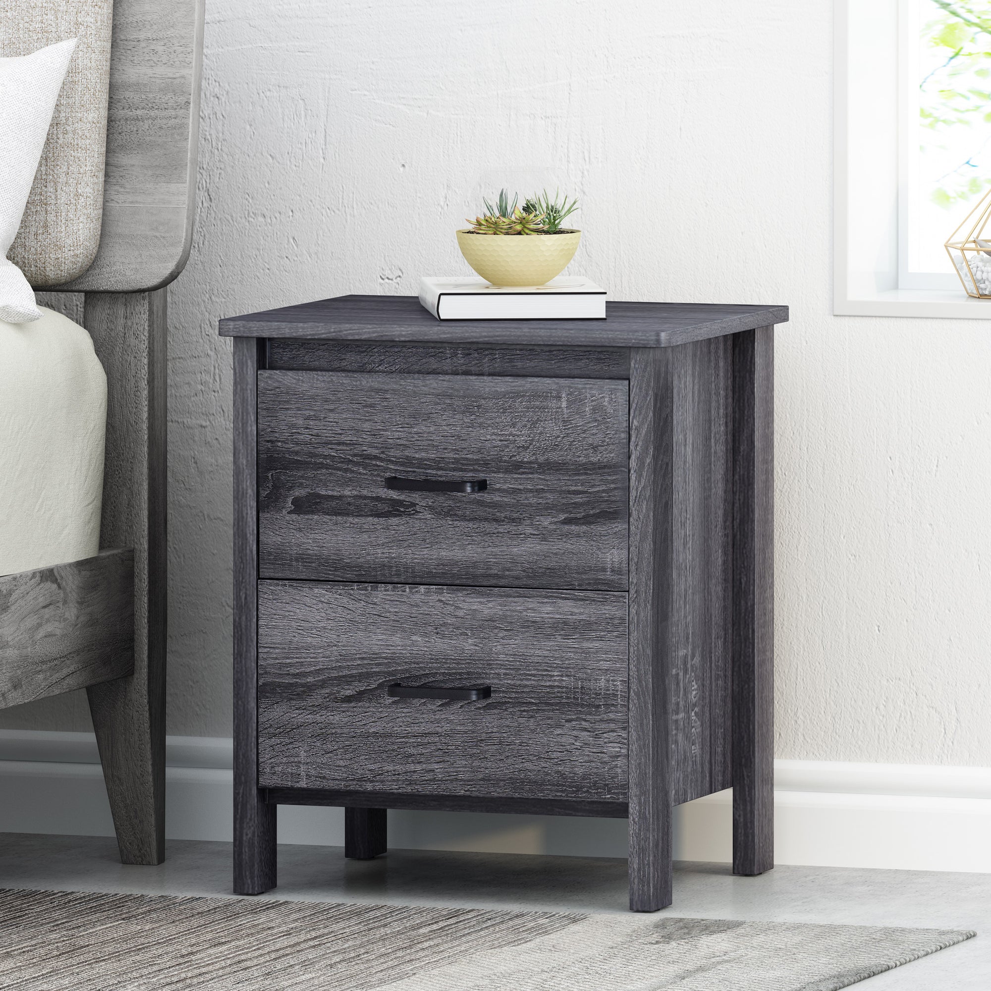 Pre-Assembled Nightstand with Faux Wood Finish In Dark Grey