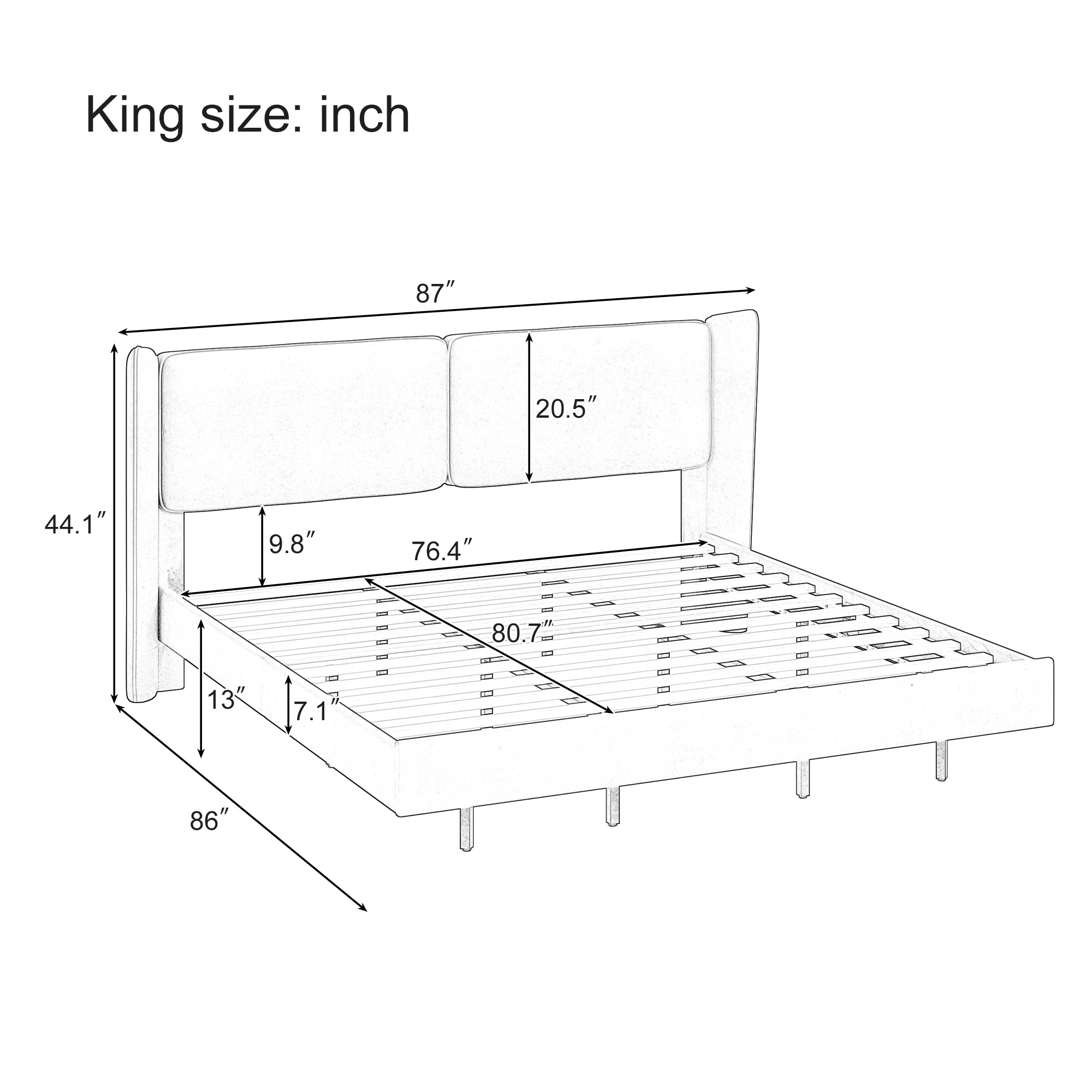 King Size Modern Velvet Upholstered Floating Bed Frame in Beige