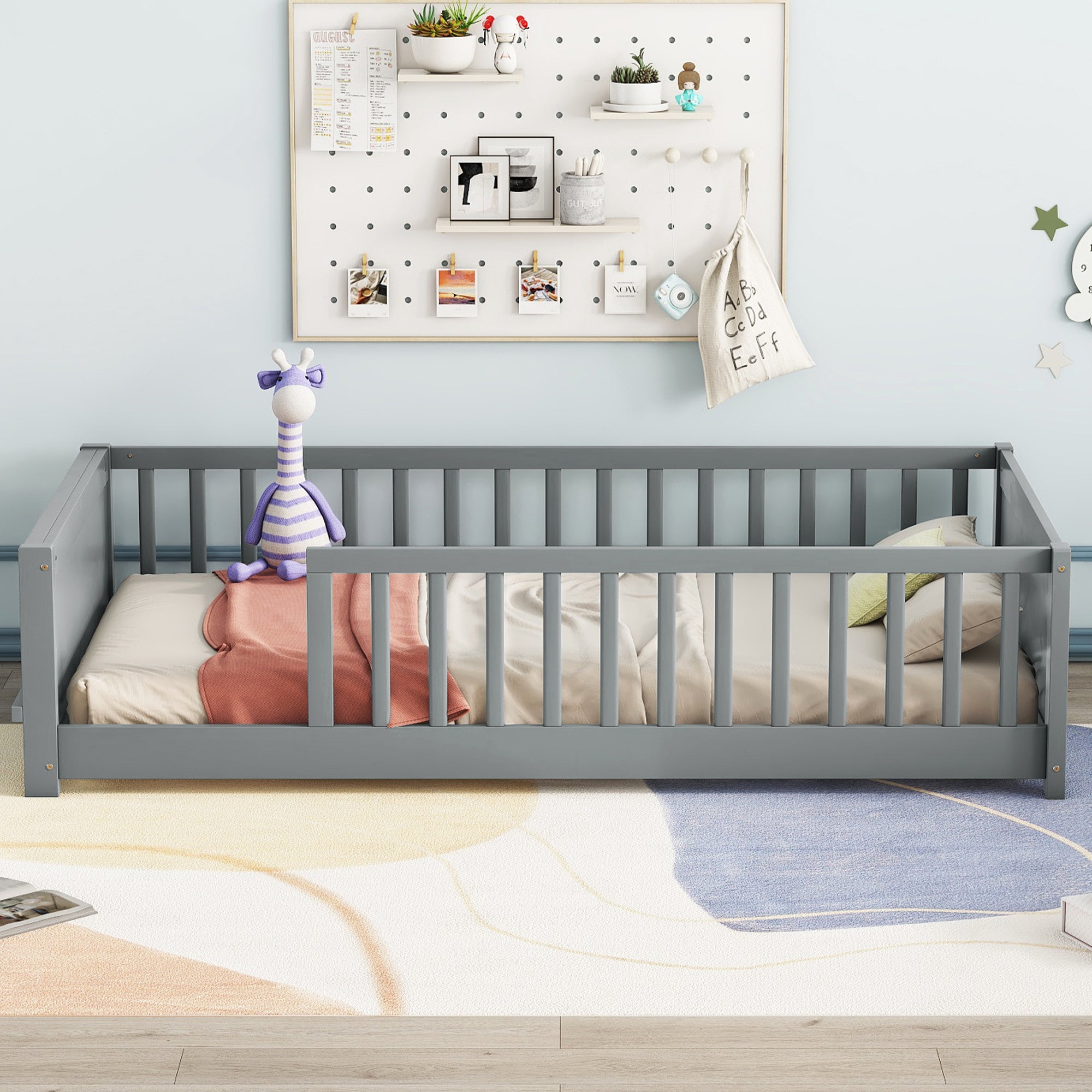 Gray Twin Toddler Floor Bed with Built-in Book Storage Rack