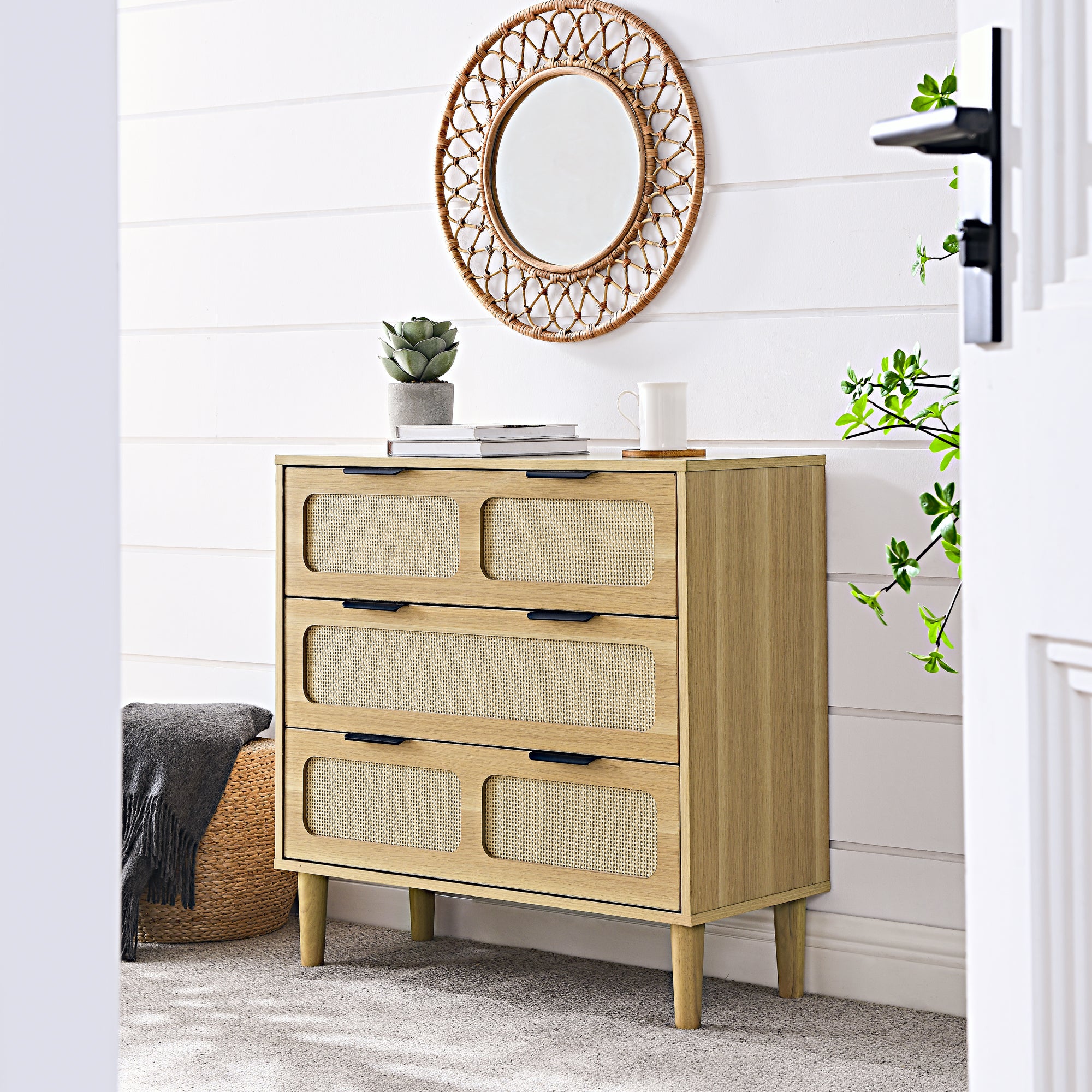 Modern Rattan 3 Drawer Dresser Cabinet with Wide Drawers In Natural Wood