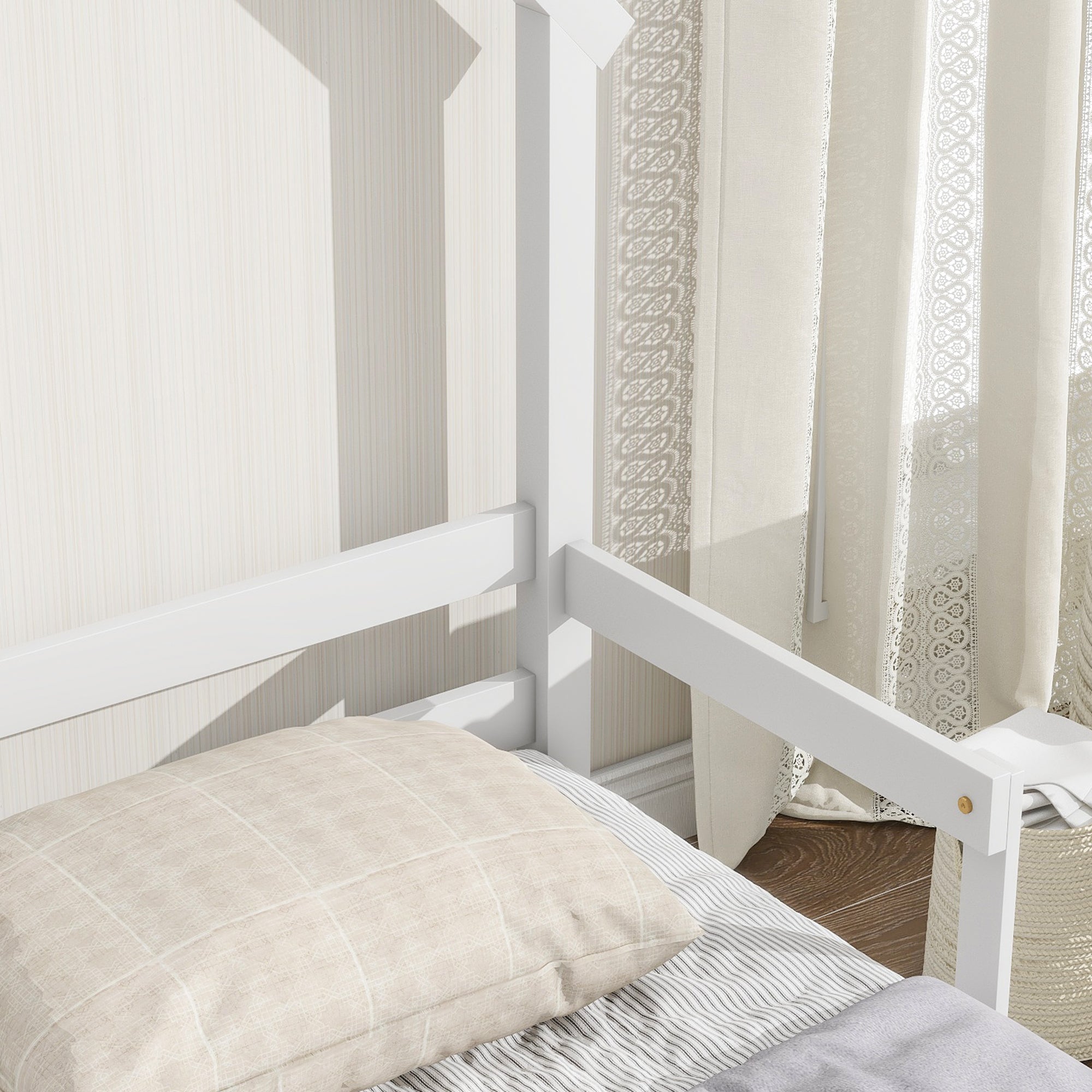 White Twin House-Shaped Headboard Toddler Floor Bed with Handrails