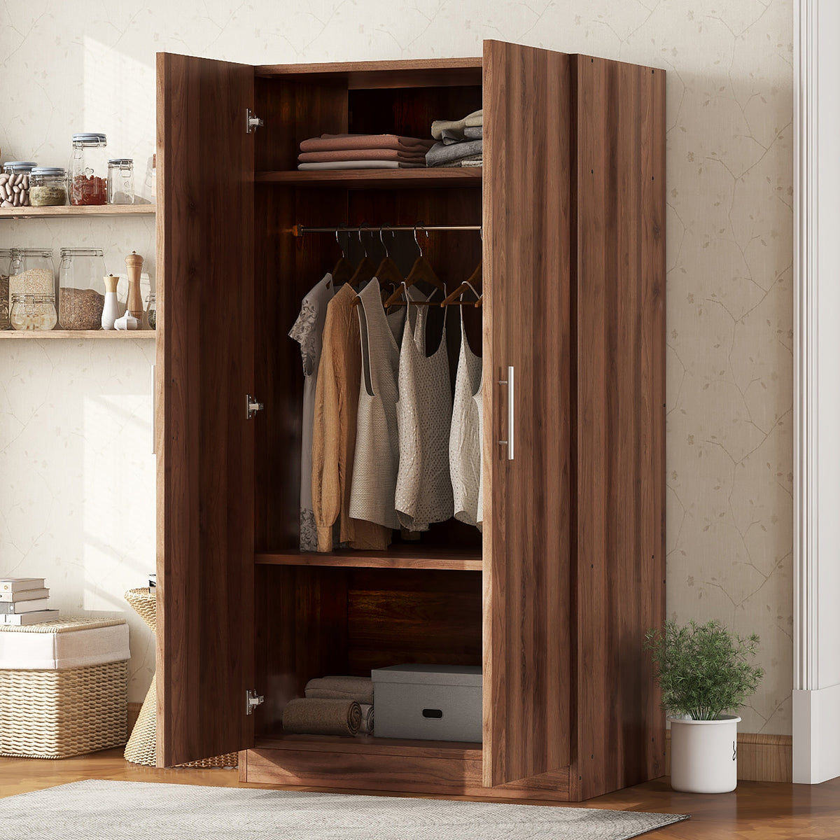 2-Door Wooden Wardrobe Armoire with 3 Storage Shelves In Brown