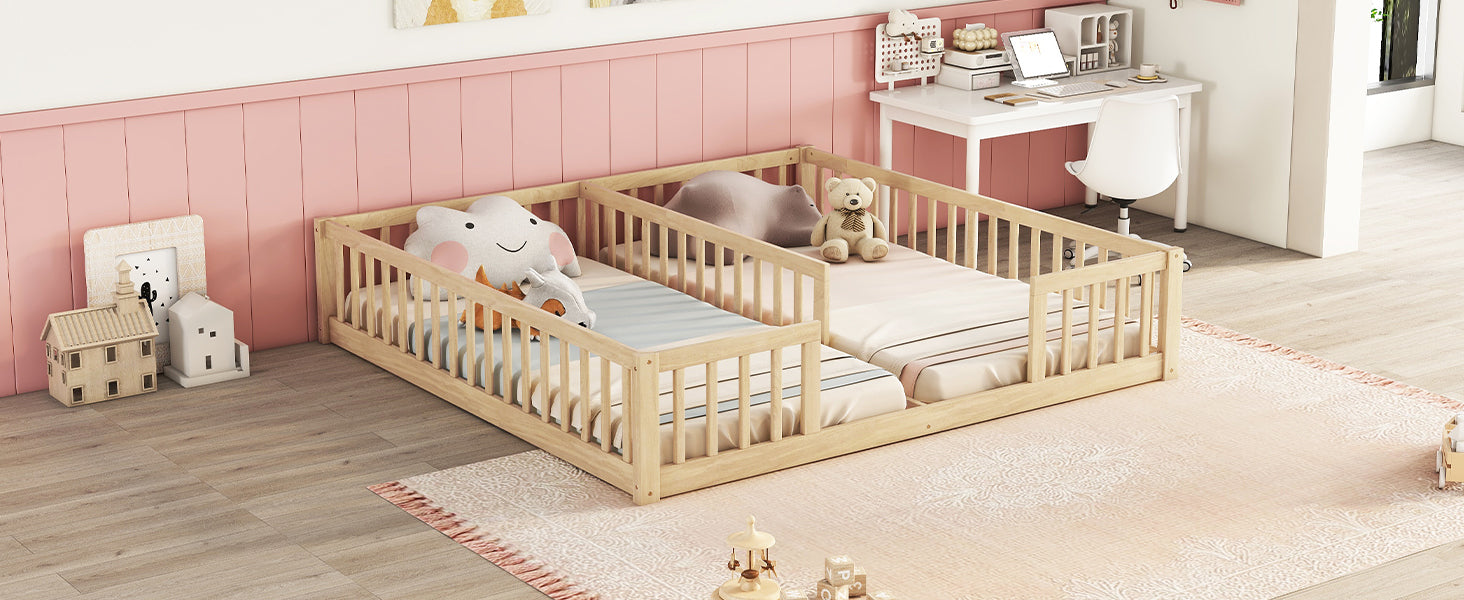 Double Twin Toddler Floor Bed with Fence and Guardrails in Natural Tones