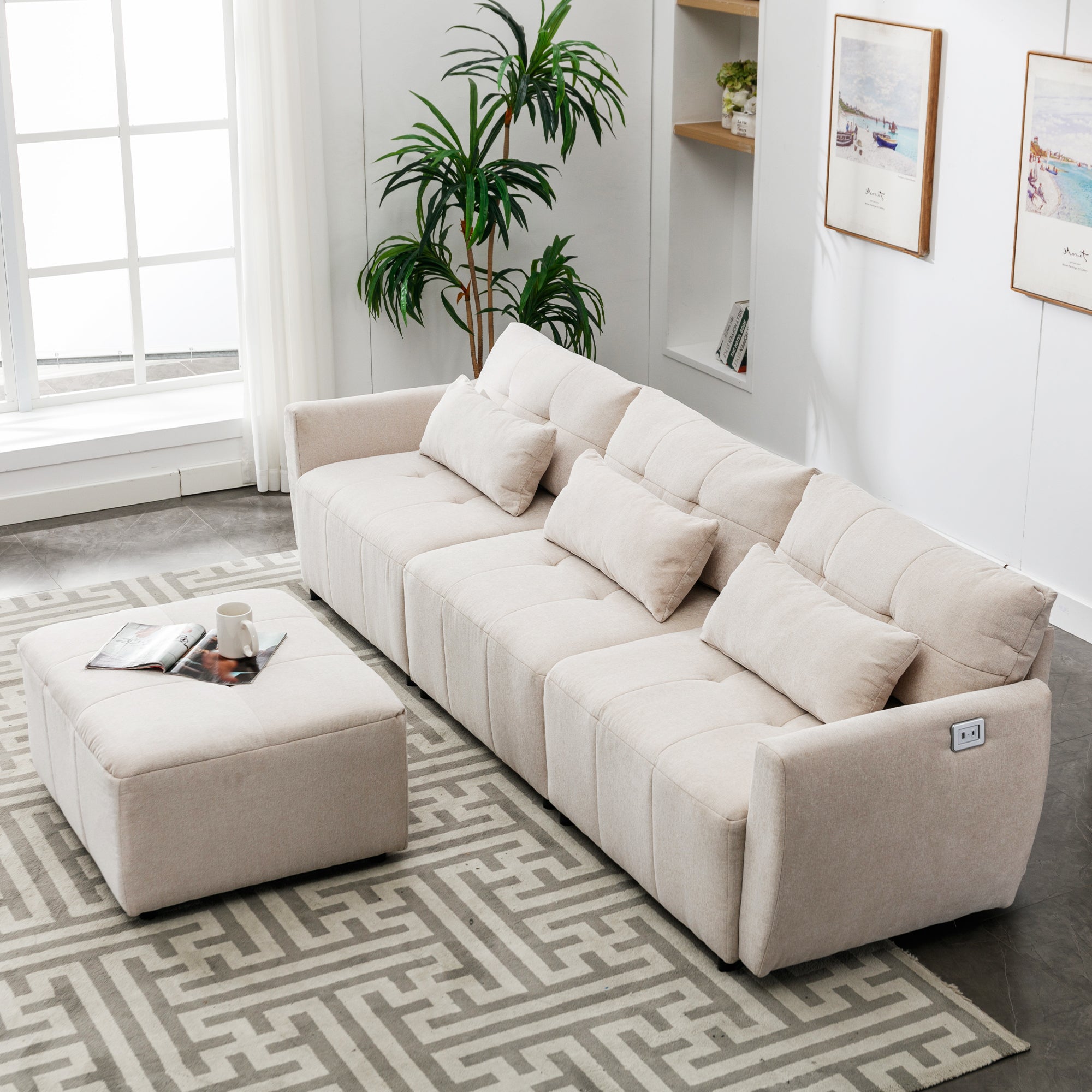 Khartoum Sectional Sofa with Movable Ottoman in Beige Chenille