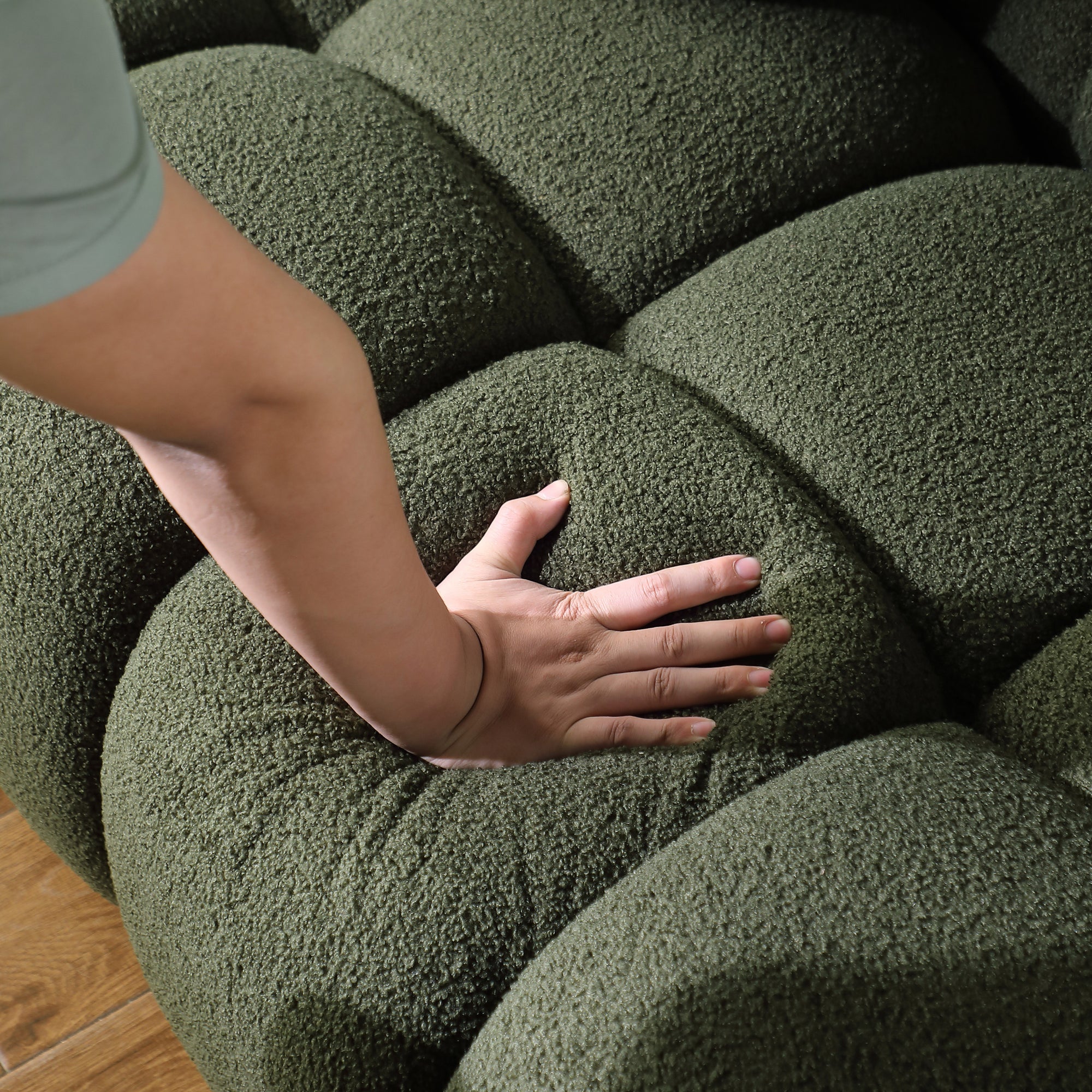 Olive Green Boucle Marshmallow Loveseat Sofa