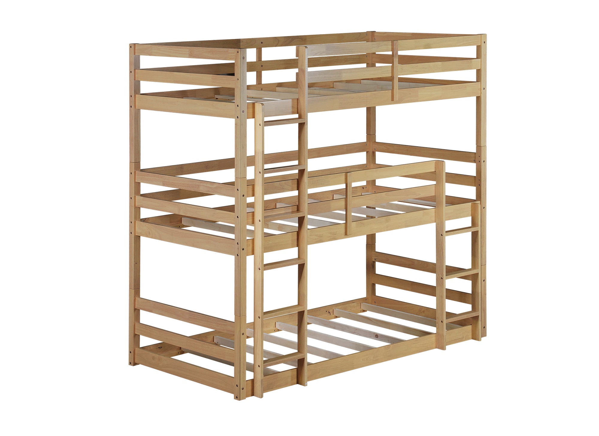 Triple Wood Bunk Bed with Two Built-in Ladders and Guardrails