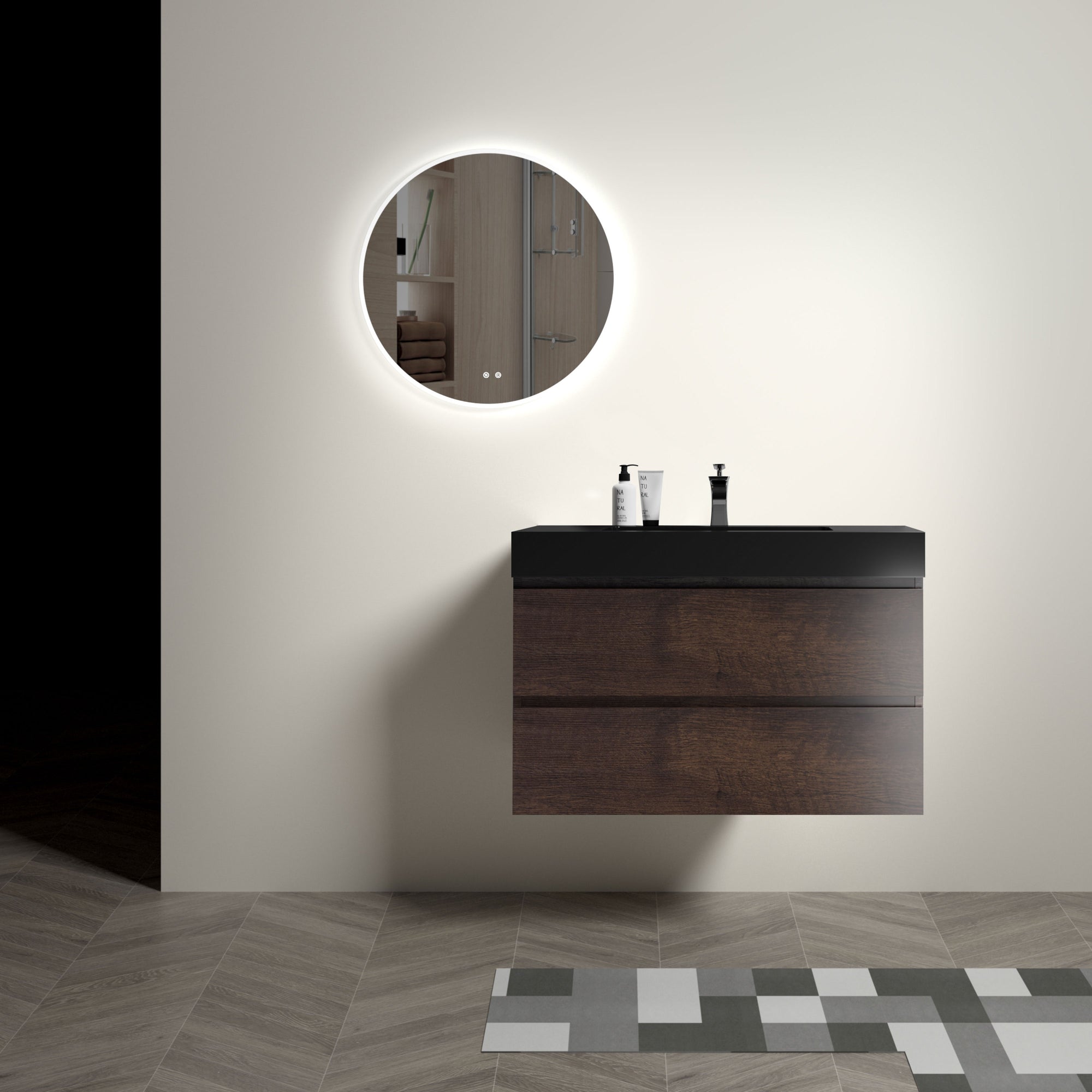 36 Walnut Bathroom Vanity with Sink Large Storage Wall Mounted Design One-Piece Black Sink Basin Pre-assembled In Walnut