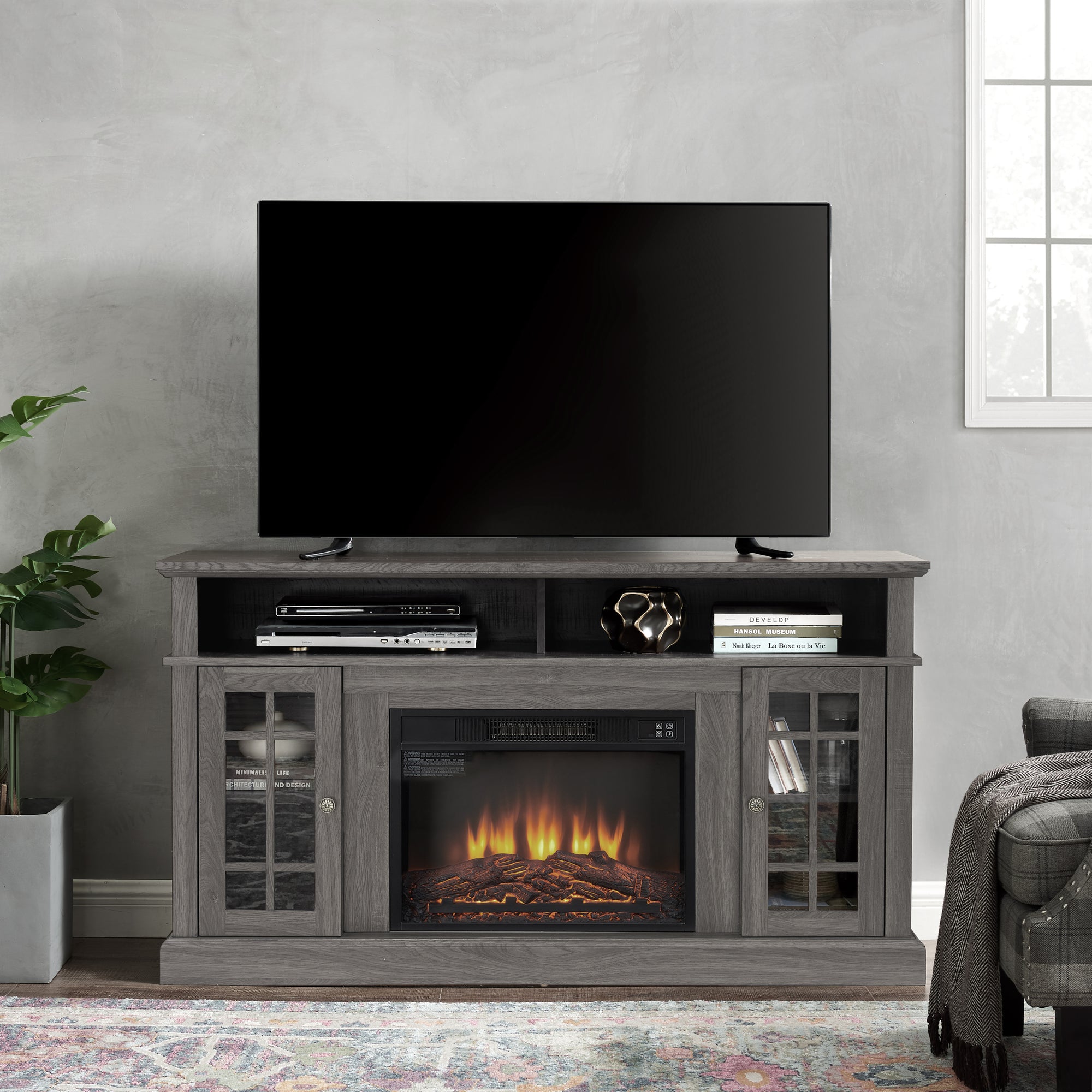 Classic TV Media Stand Modern Entertainment Console with Fireplace Insert for TV Up to 65 In Dark Walnut Black