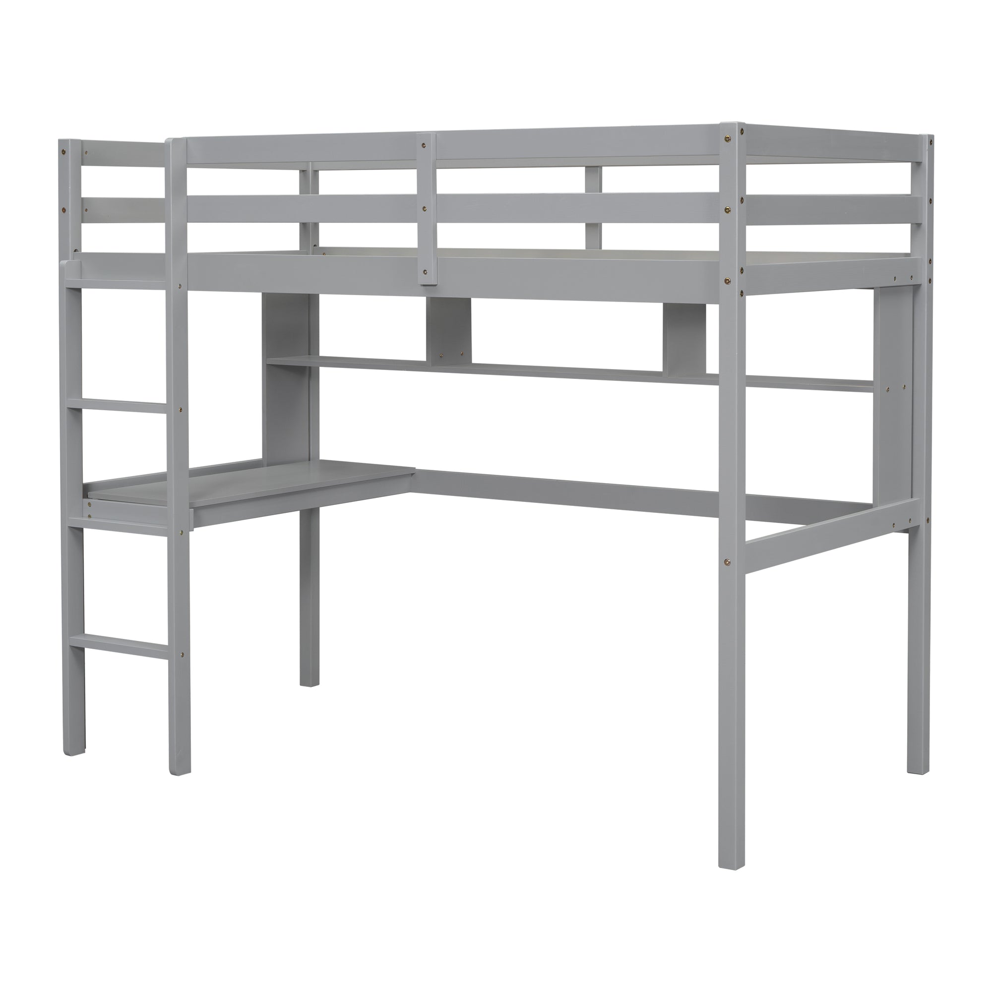 Gray Twin Loft Bed with Desk, Bookcase, and Safety Guardrail