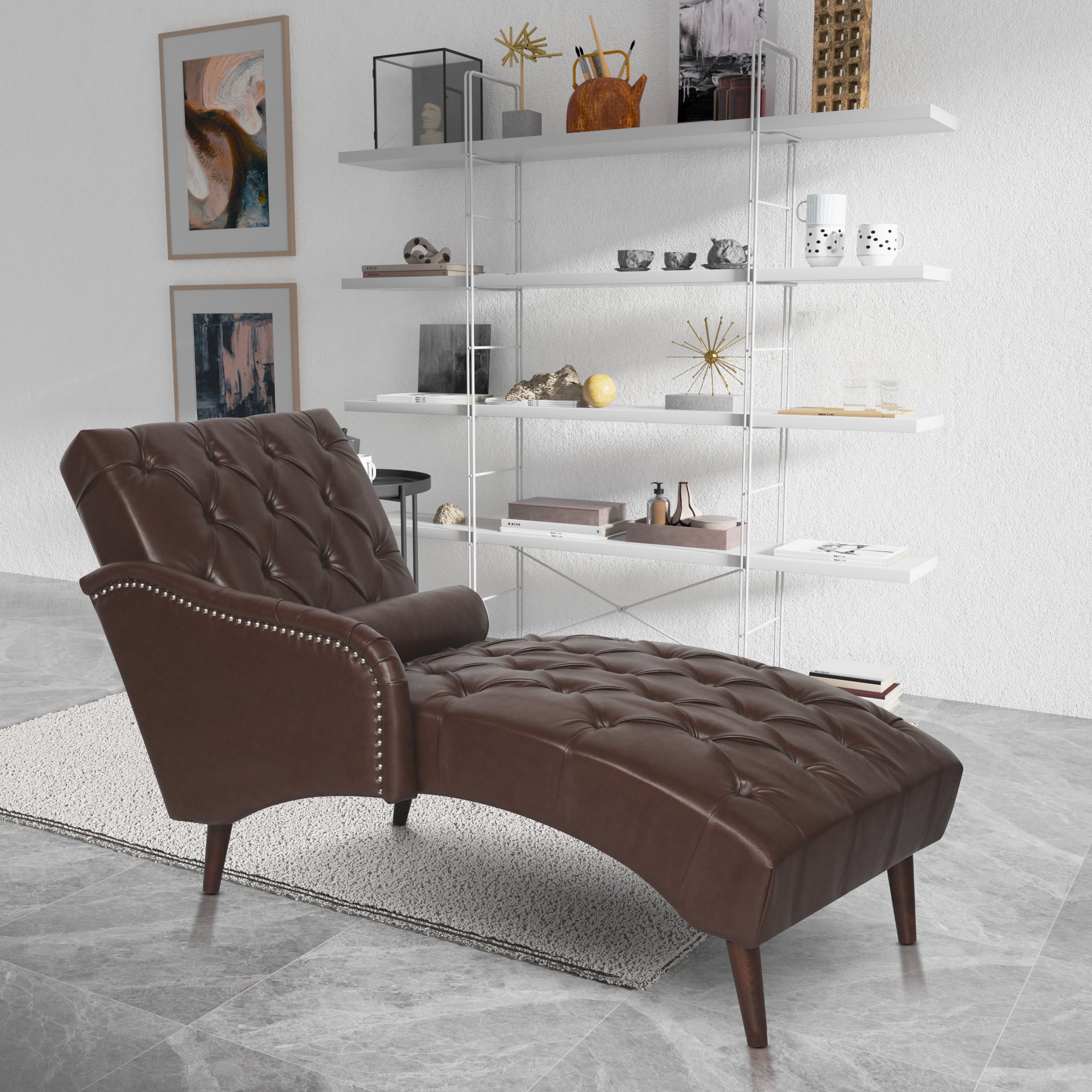 Dark Brown Faux Leather Chaise Lounge Arm Chair with Tufted Backrest and Pillow