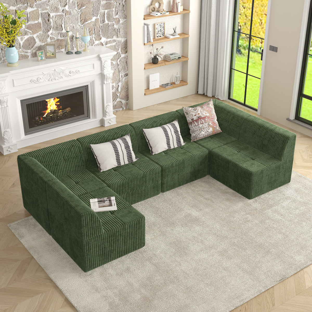 U Shape Modular Sectional Sofa in Soft Terrycloth Fabric with Space-Efficient Design and Comfy Sleeper Functionality In Green