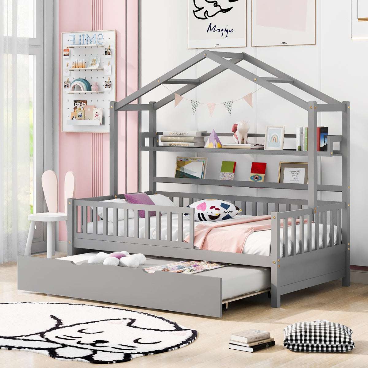 Wooden Twin Size House Bed with Trundle and Shelf In Gray