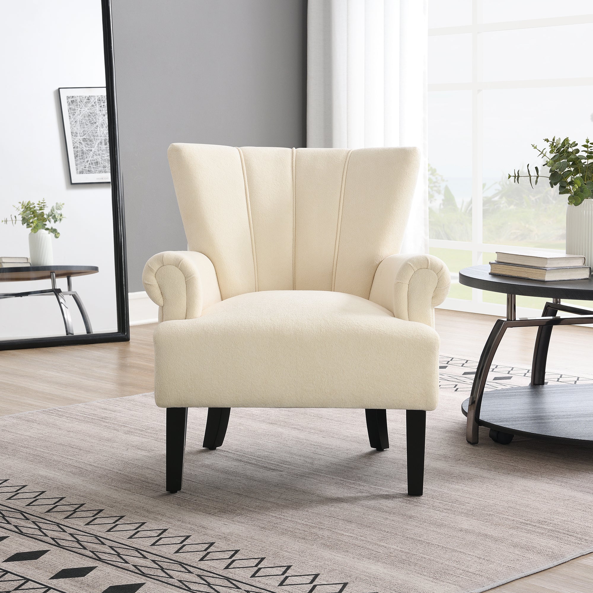 Modern Accent Living Room Chairs - Beige Polyester Armchair Club Chair with Channel Back, Soft Fabric, Wooden Legs