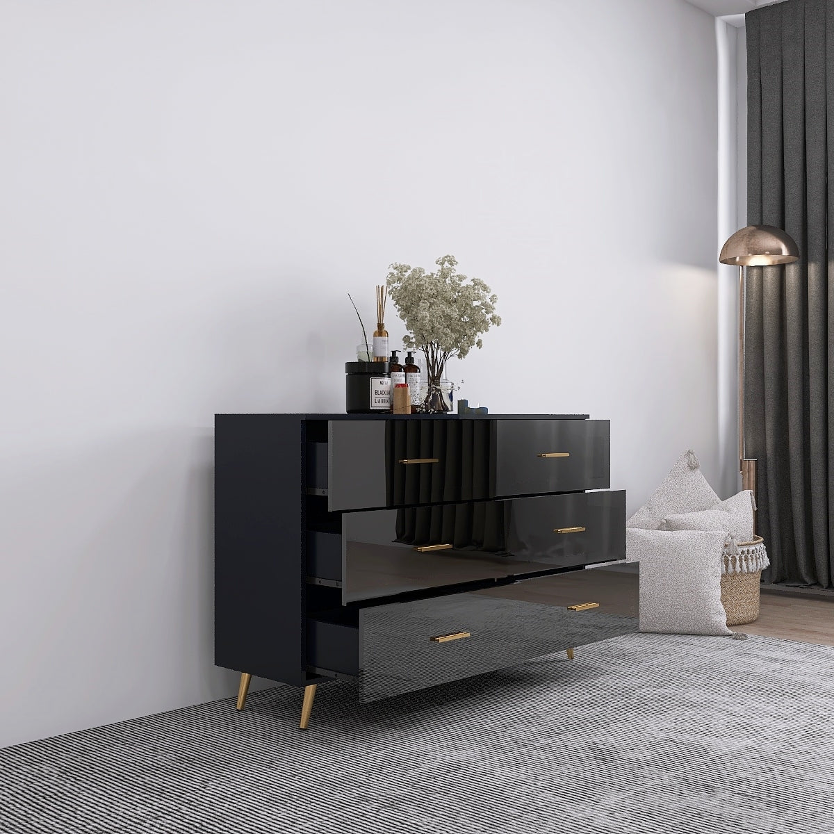 High Glossy Surface 6 Drawers Chest of Drawer with Golden Handle and Legs In Black Color