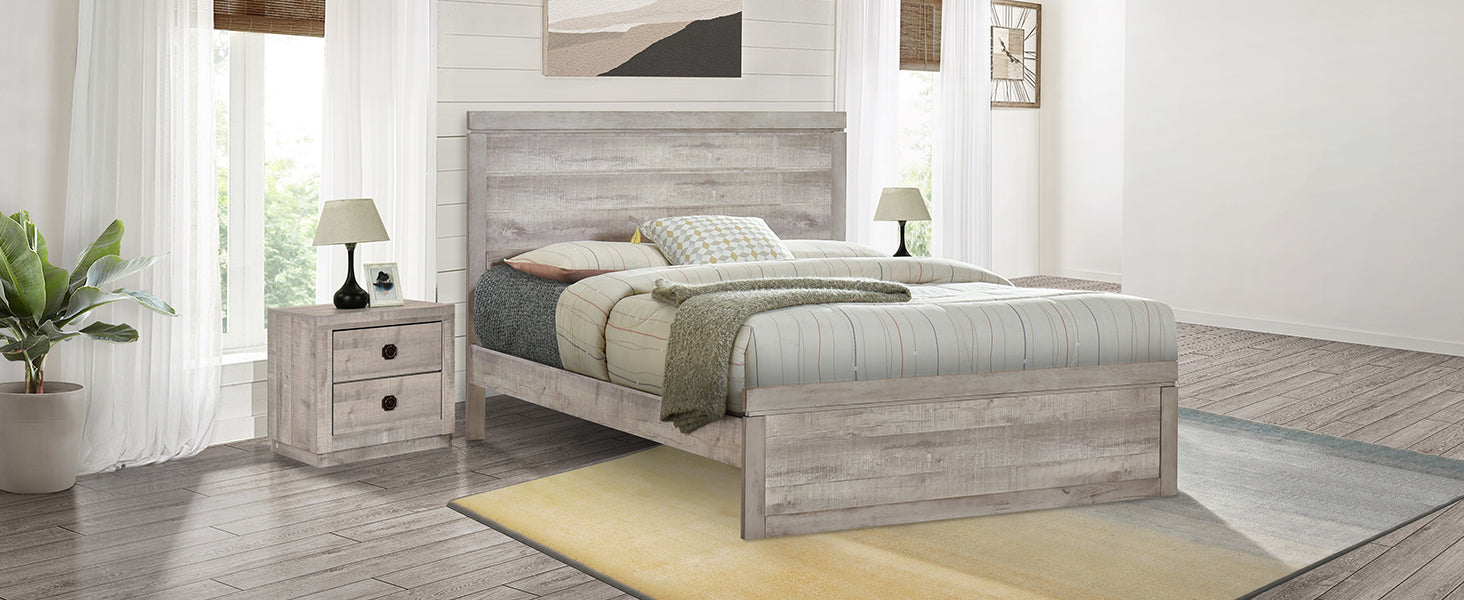 Full Size Farmhouse Style Pine Wood Platform Bed Frame in Rustic White