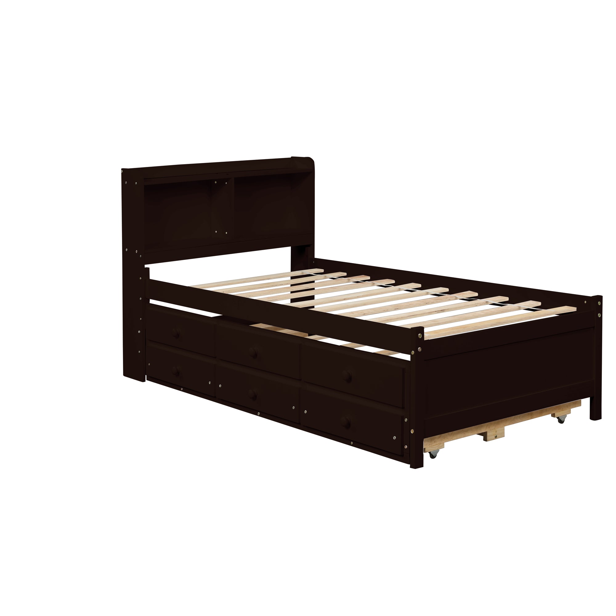 Twin Size Bed with Storage Integrated Headboard, Trundle & Drawers in Espresso