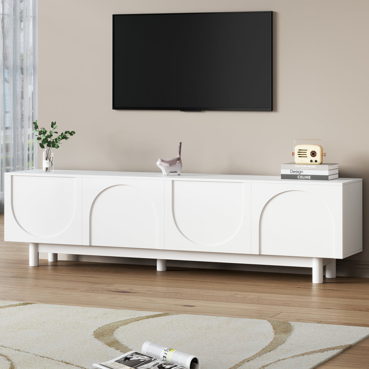 Graceful TV Stand with Arch Cabinets for TVs Up to 78 Inches, Minimalist Entertainment Center with Solid Wood Legs In White