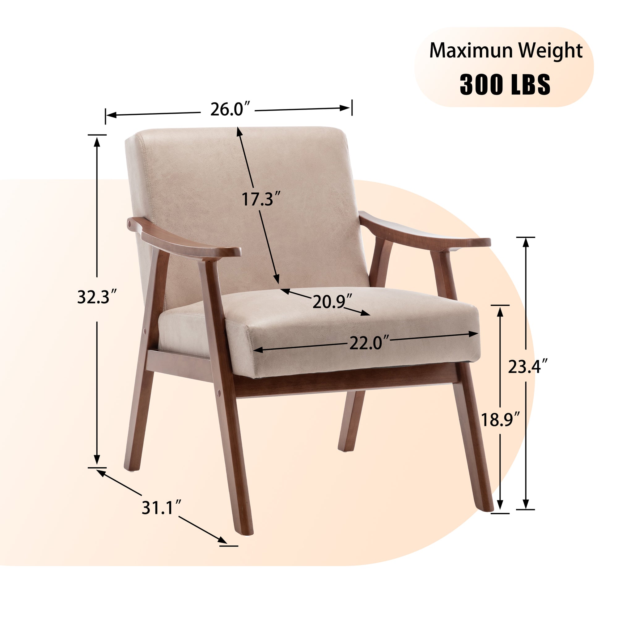 Mid-Century Modern Accent Chair - Solid Wood Frame, Extra-Thick Backrest, Ideal for Living Room, Bedroom, or Reading Room