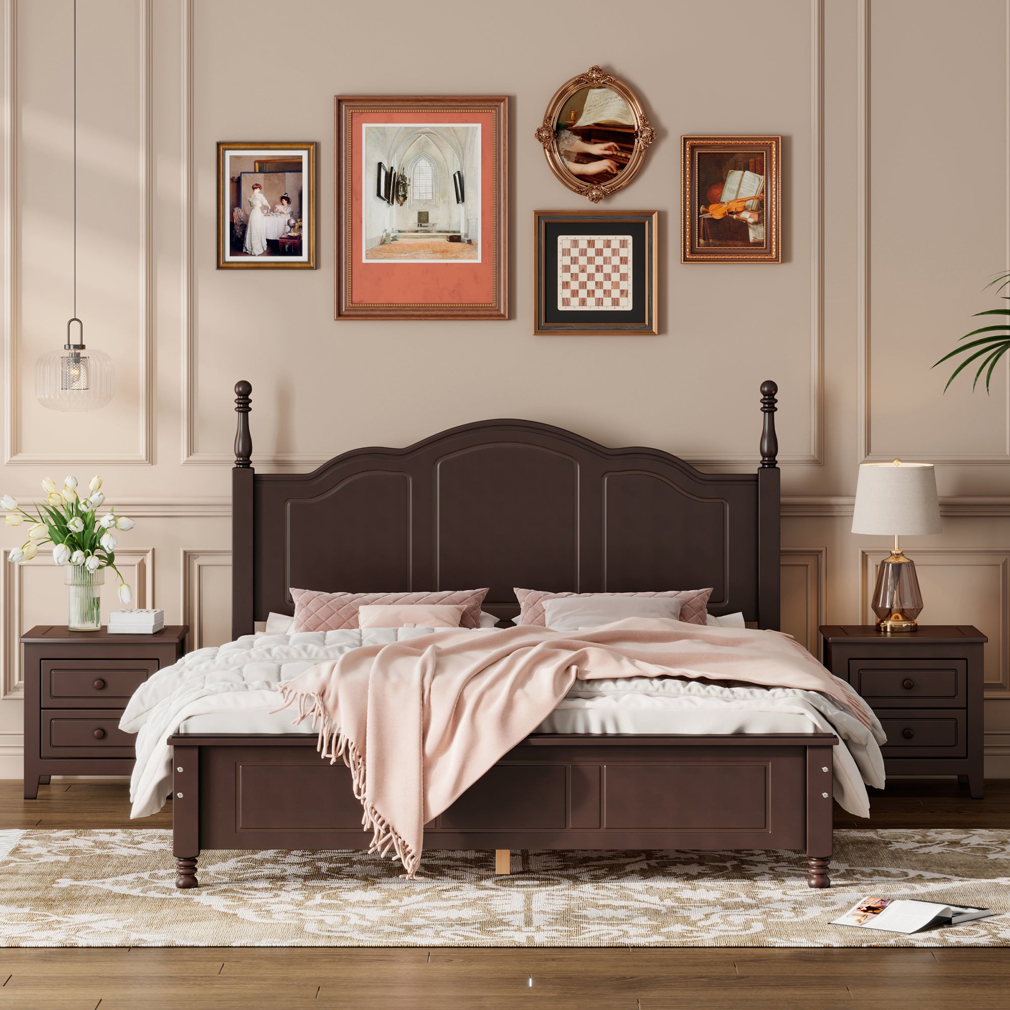 3-Pieces Bedroom Sets Queen Size Wood Platform Bed And Nightstands In Dark Walnut