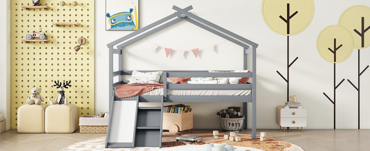 Gray Twin Low Loft House Bed with Slide, Ladder, and Roof Frame