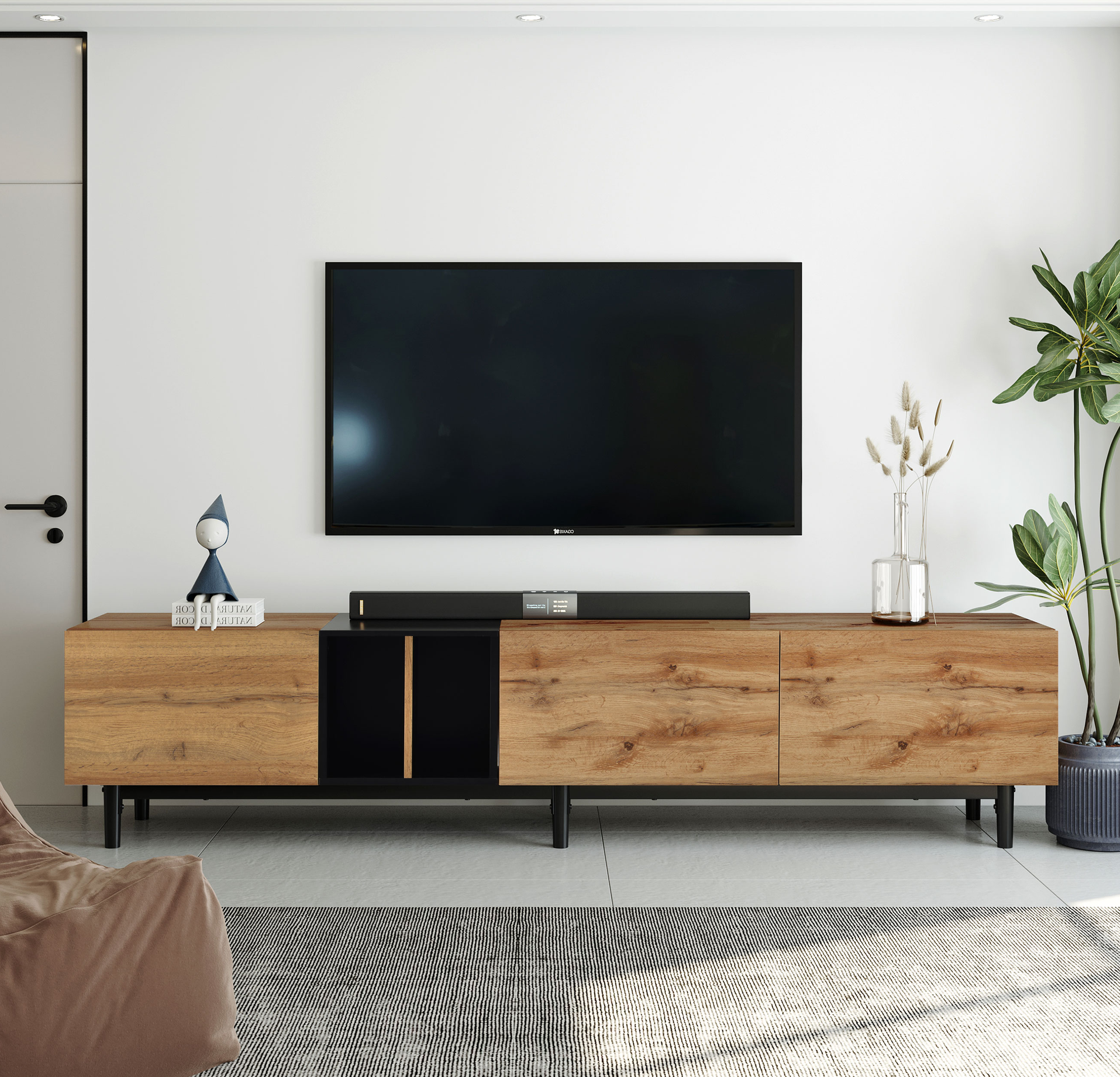 Modern TV Stand for 80 Inch TV with 3 Doors Media Console Table Large Storage Cabinet in Natural Wood