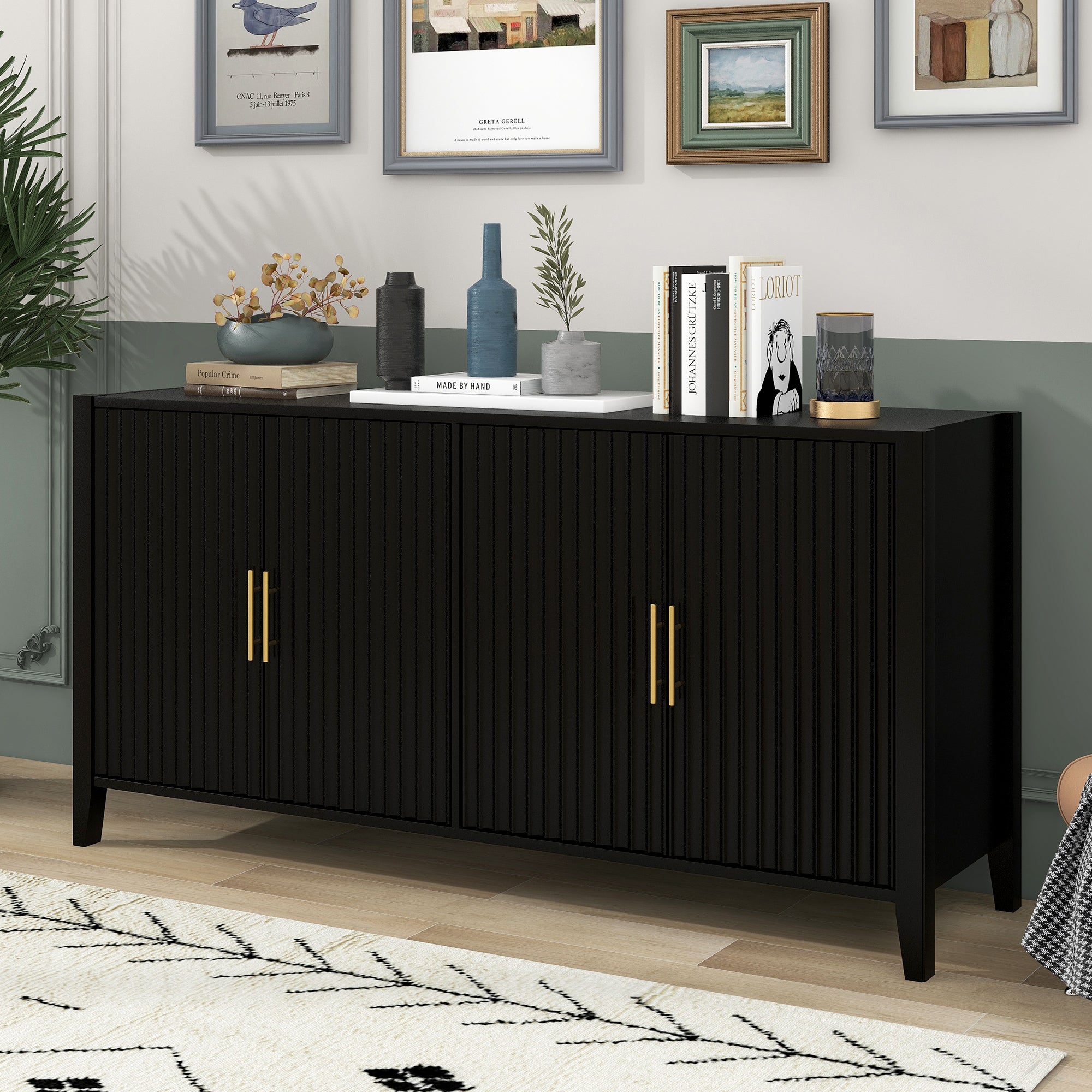 Accent Storage Cabinet Sideboard Wooden Cabinet with Metal Handles for Hallway Entryway Living Room In Black