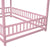 Pink Full-Size Toddler Floor Wooden Bed with House Roof Frame & Fence Guardrails