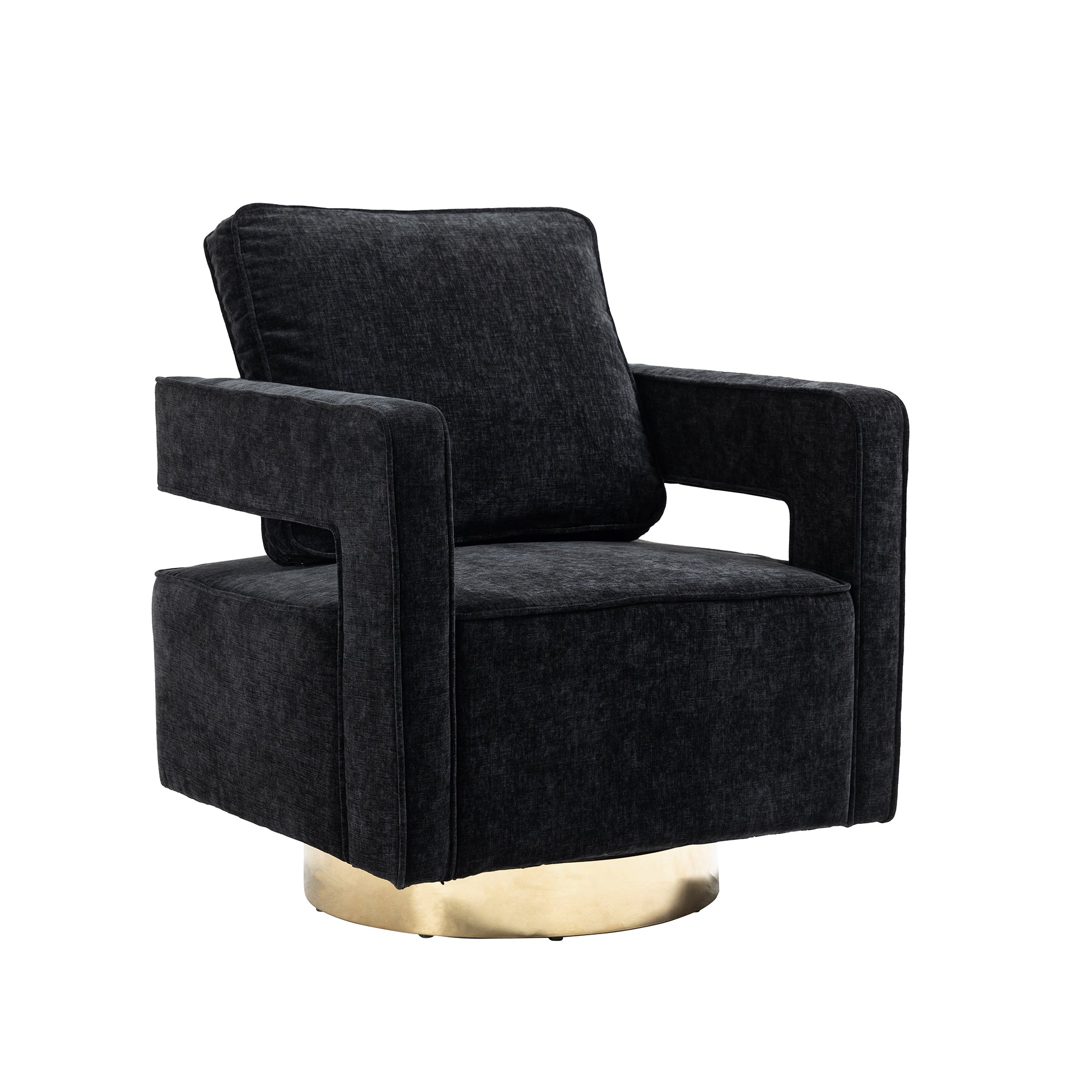 Open Back Black Chenille Swivel Accent Chair With Gold Stainless Steel Base