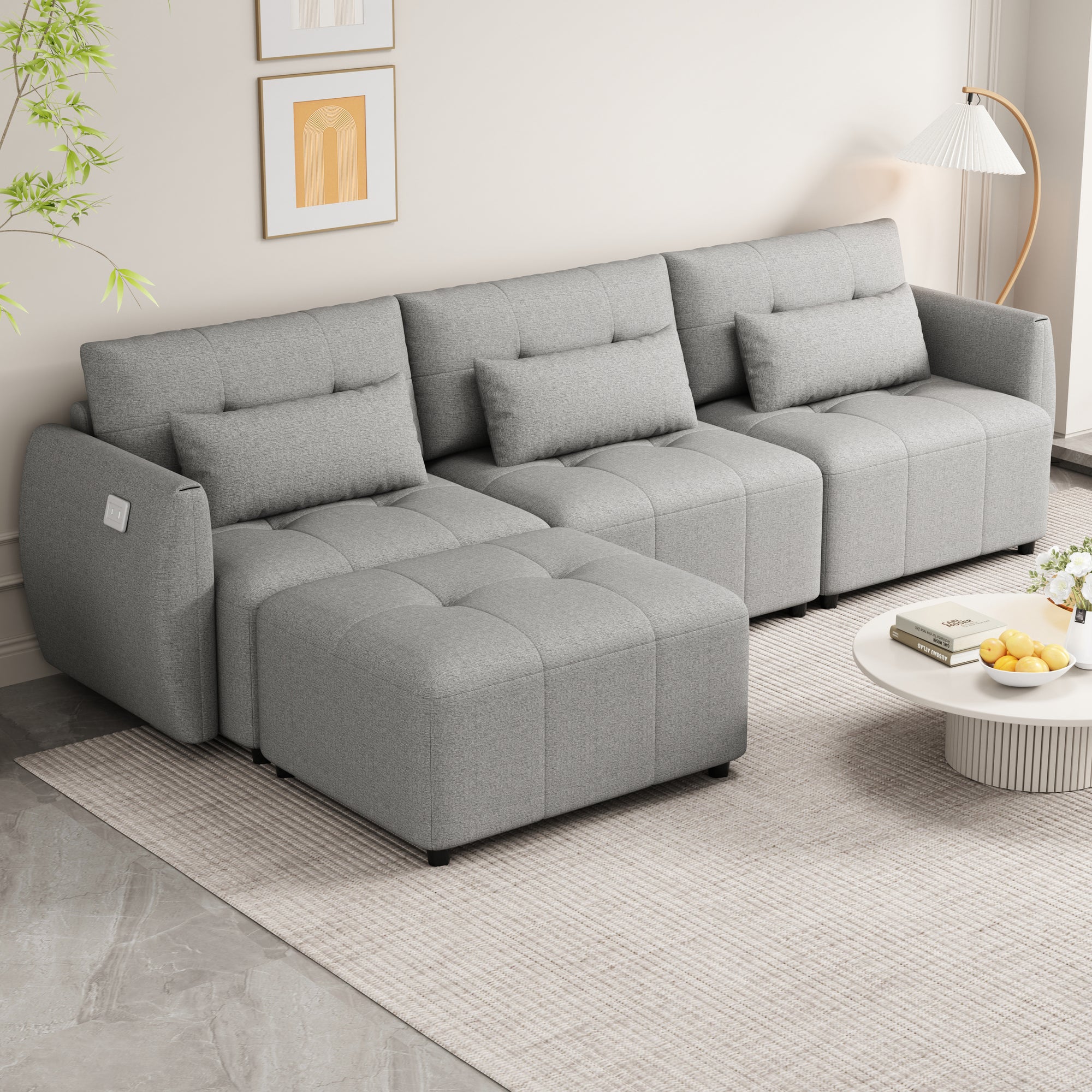 Khartoum Sectional Sofa with Movable Ottoman in Grey Chenille