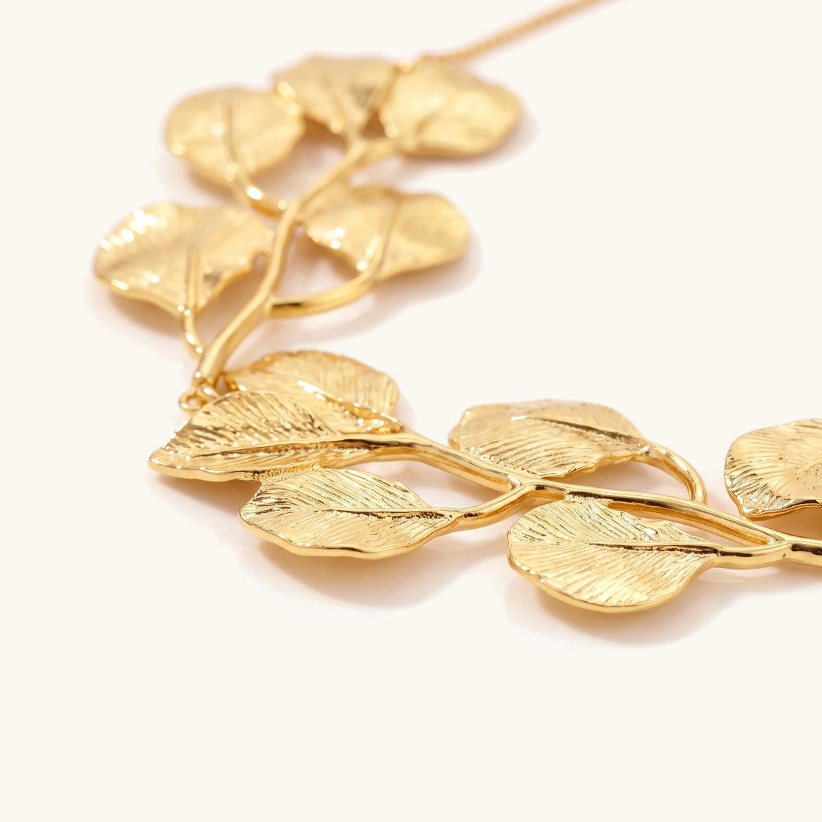 Golden Leaf Vintage Fig Leaf Necklace, close-up of the gold leaves