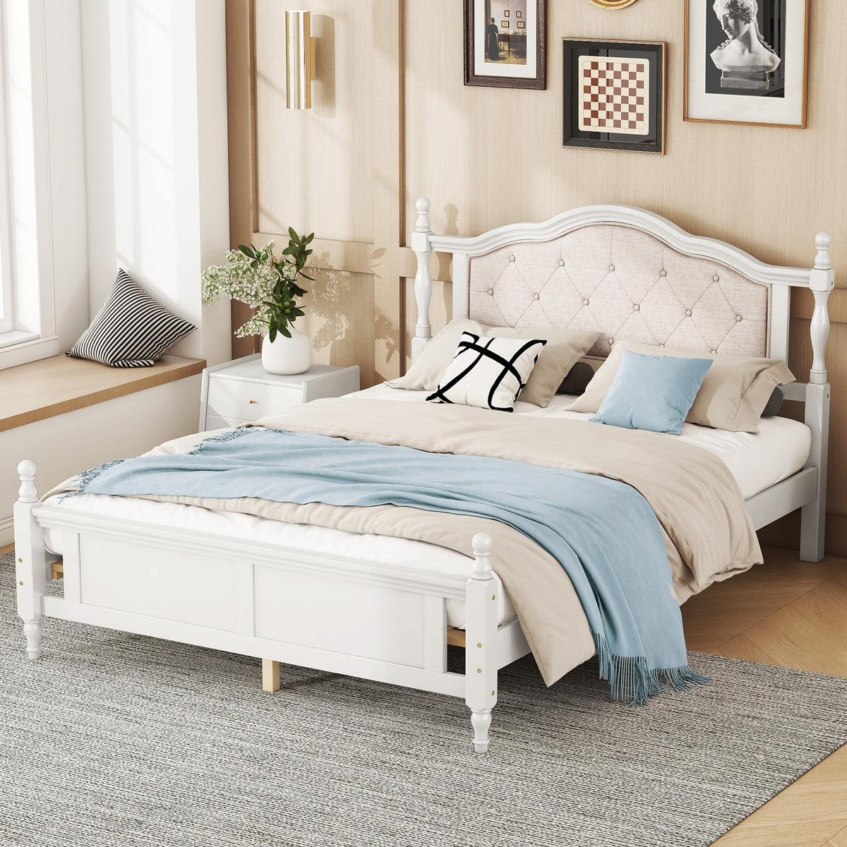 Queen Pine Wooden Bed with Upholstered Headboard and Panel Footboard In White