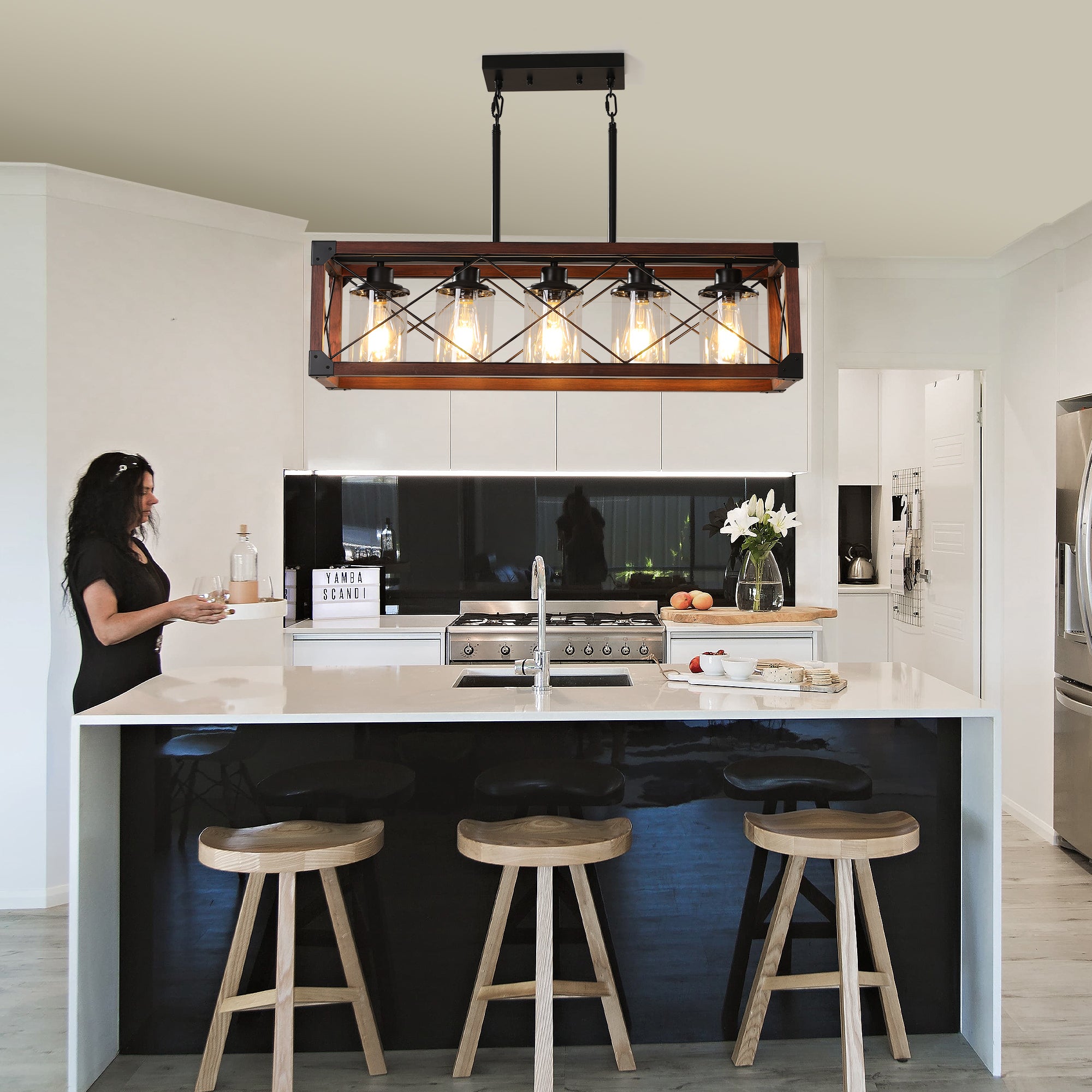 Farmhouse 5-Light Chandelier with Redwood Frame and Glass Shades