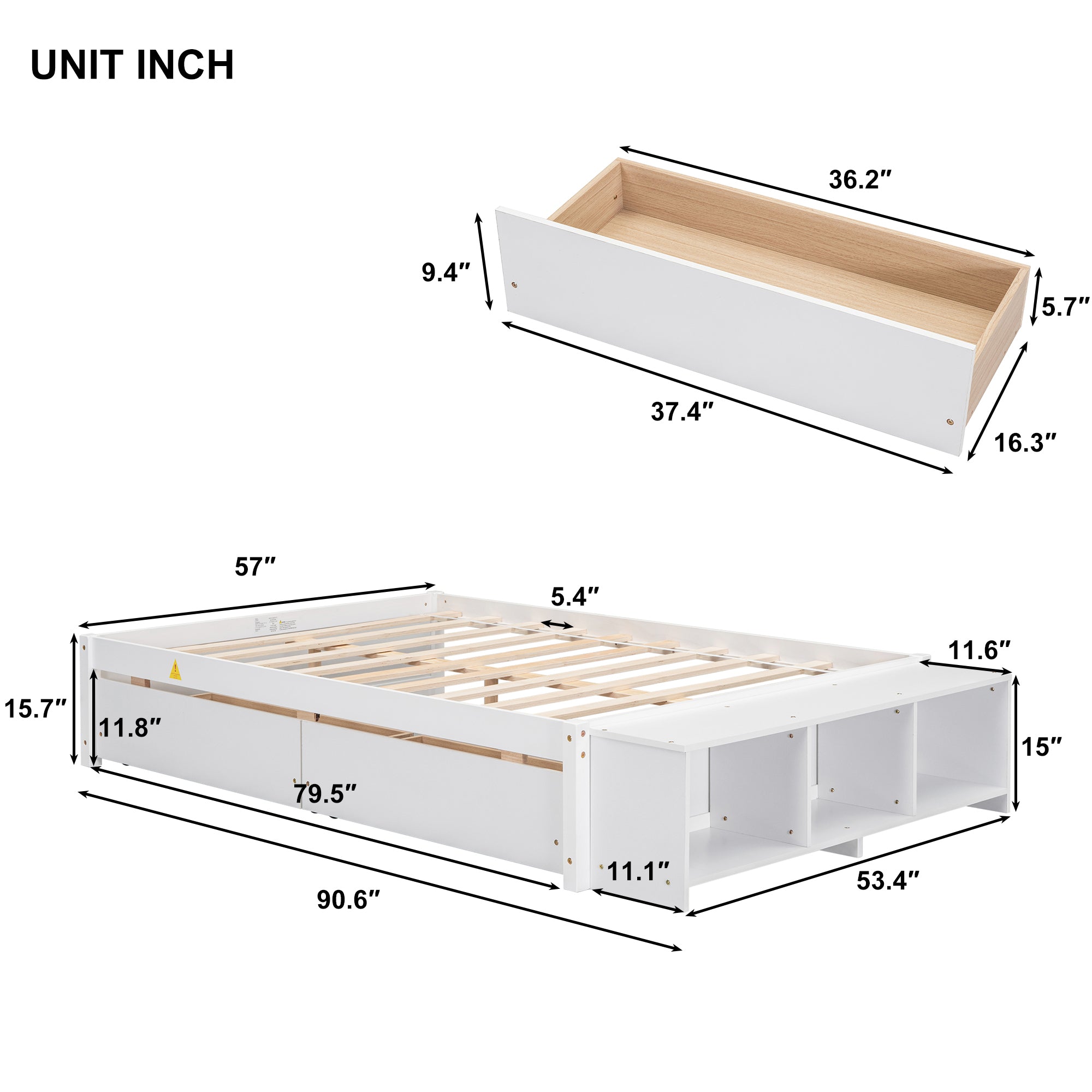 Full Size Bed with Storage Case and 2 Drawers in White