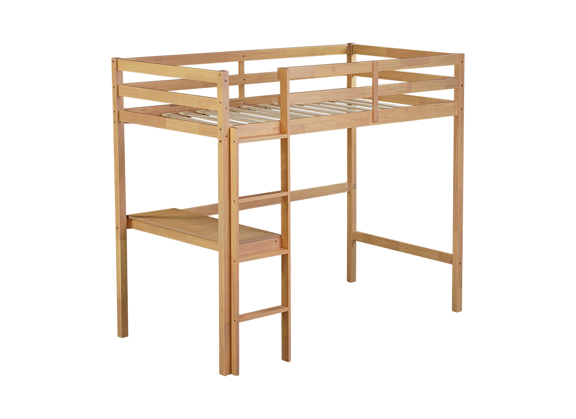 White Oak Twin High Loft Bed with Desk, Rubber Wood Frame