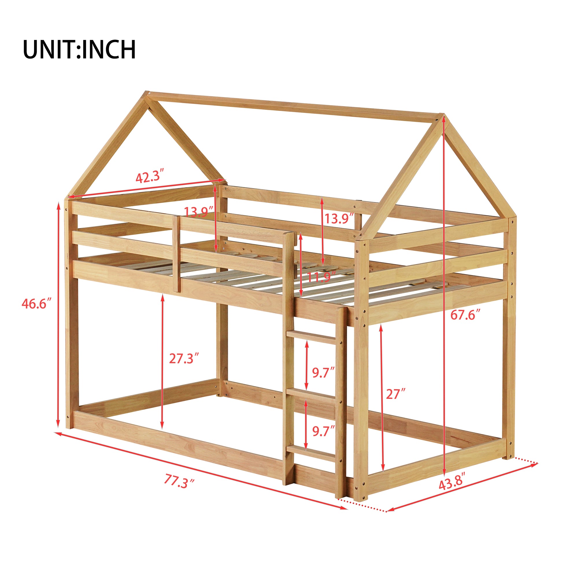 White Oak Twin Over Twin Rubber Wood House-Shaped Bunk Bed with Ladder & Guardrails