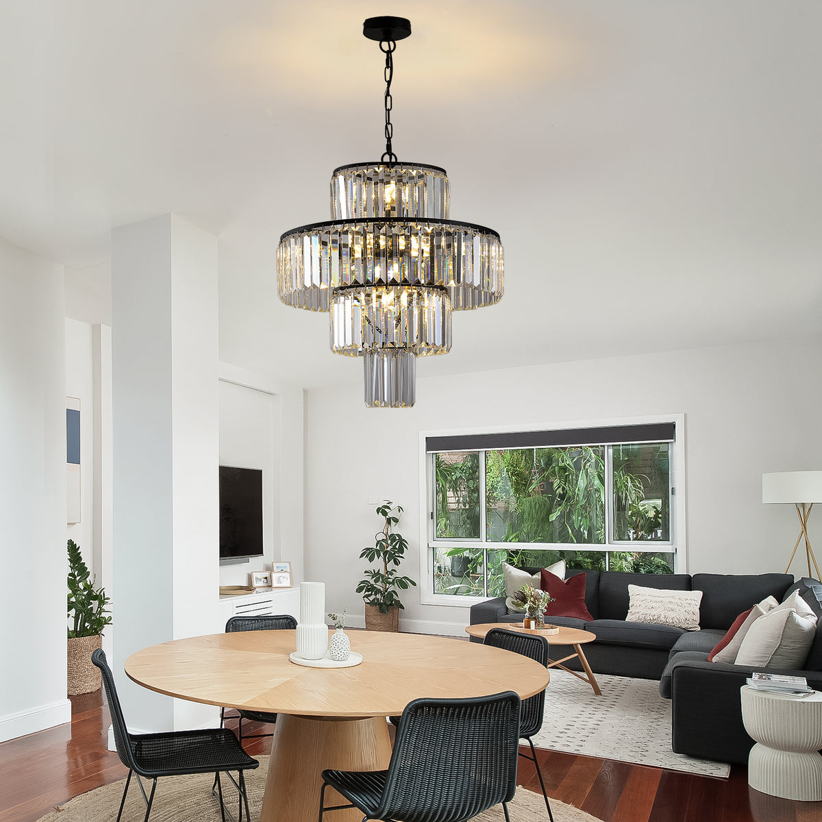 Sleek Metal Black Finish Crystal Chandelier