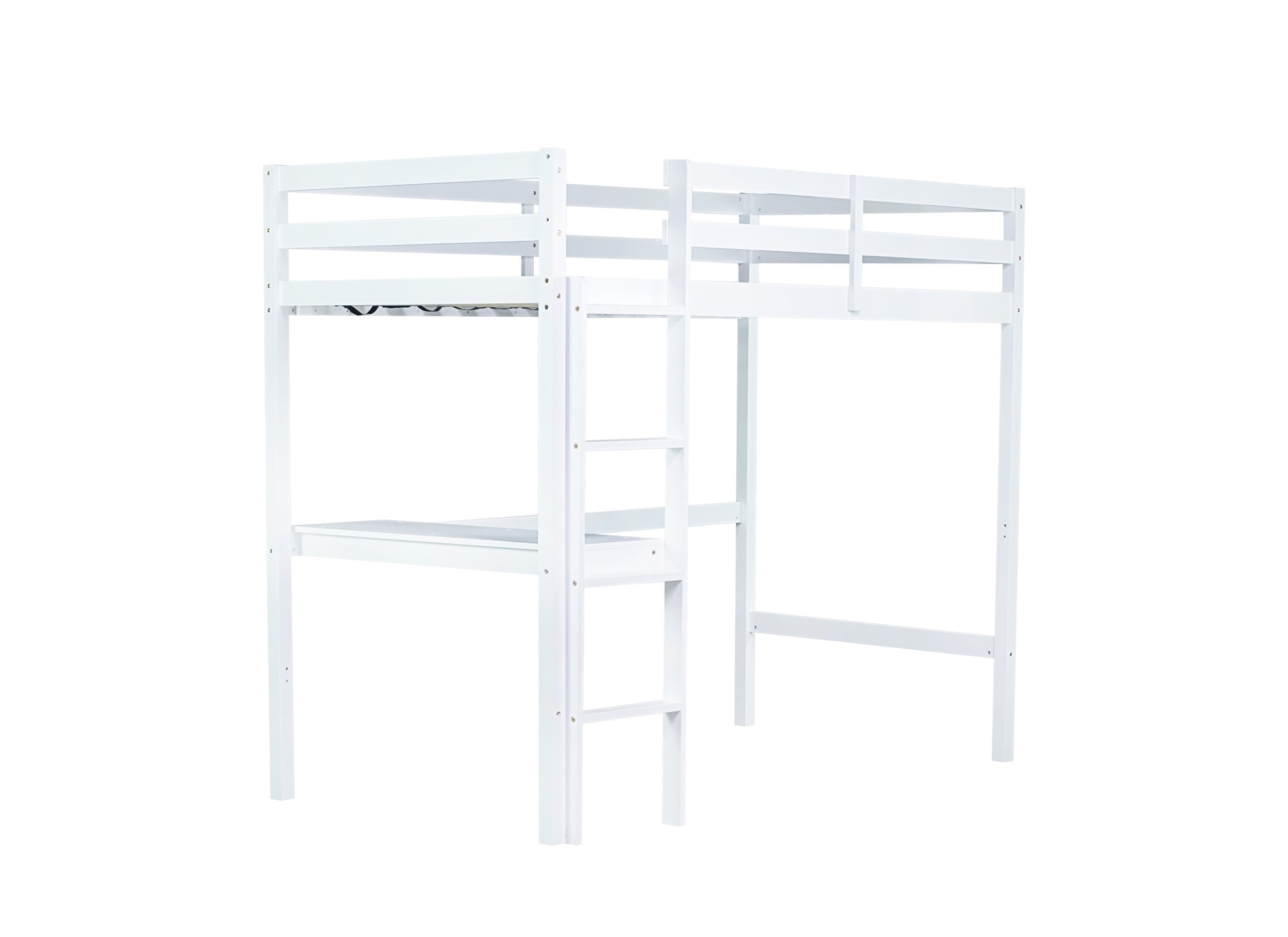 White Twin High Loft Bed For Kids with Built-in Desk in Rubber Wood Construction