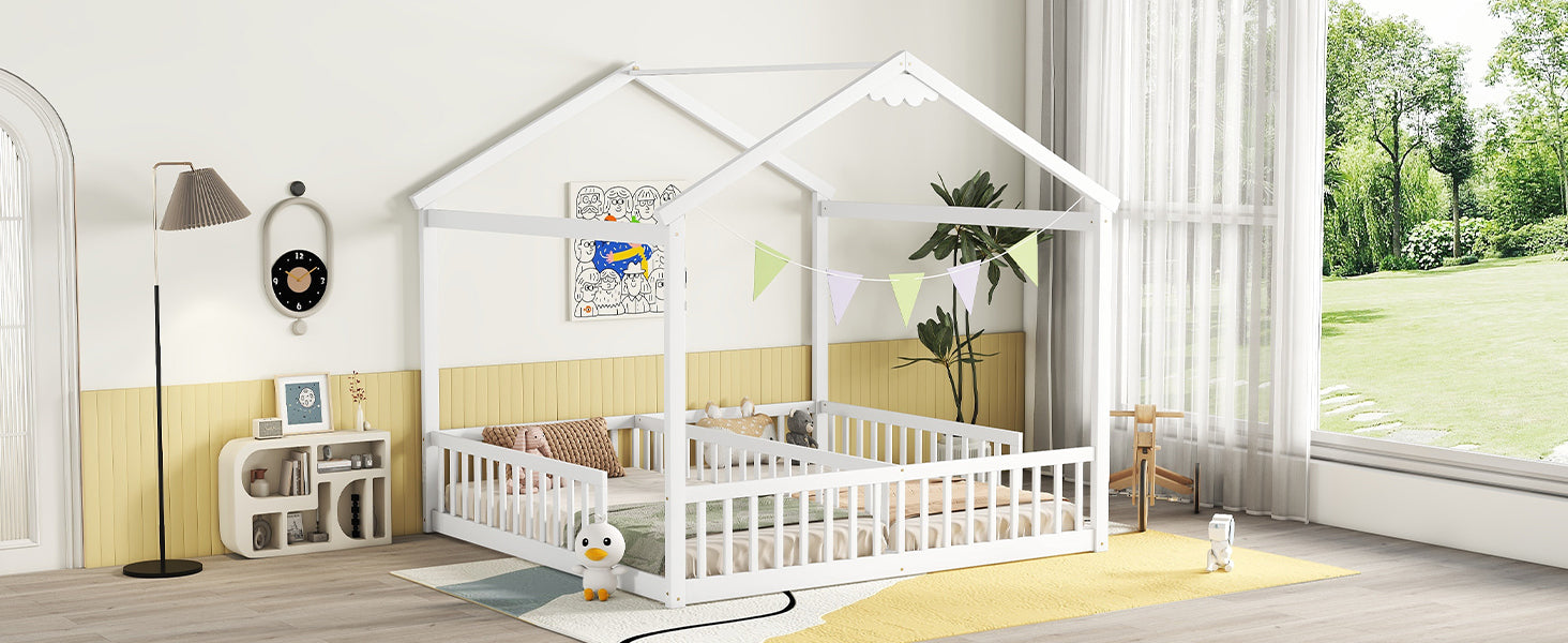 White Double Twin House-Style Toddler Floor Bed with Fence & Guardrails