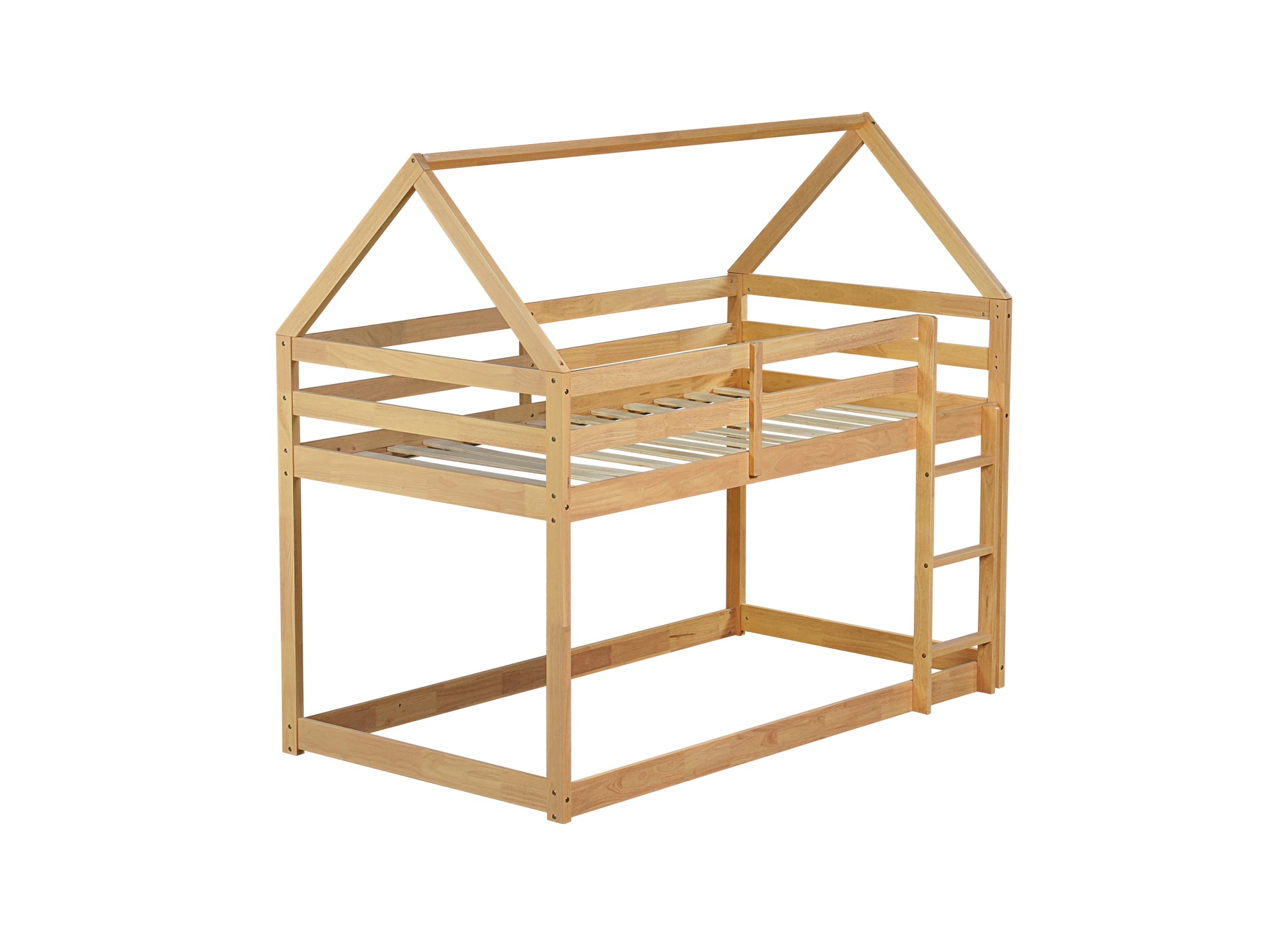 White Oak Twin Over Twin Rubber Wood House-Shaped Bunk Bed with Ladder & Guardrails