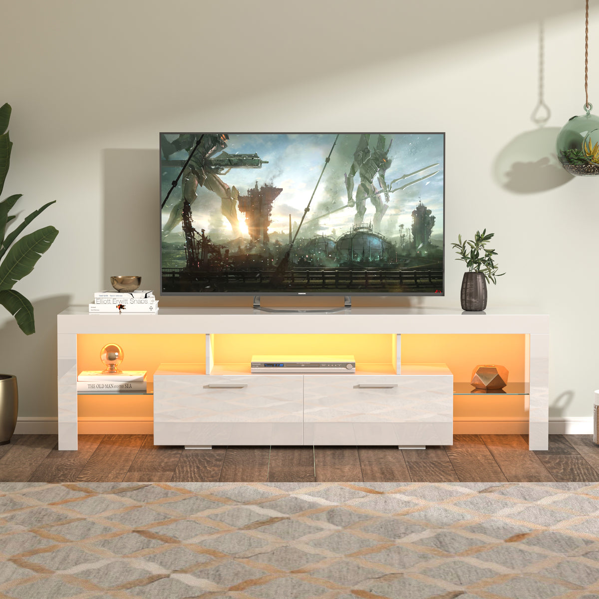 TV Stand Cabinet with LED Light Belt and Toughened Glass Shelf In White