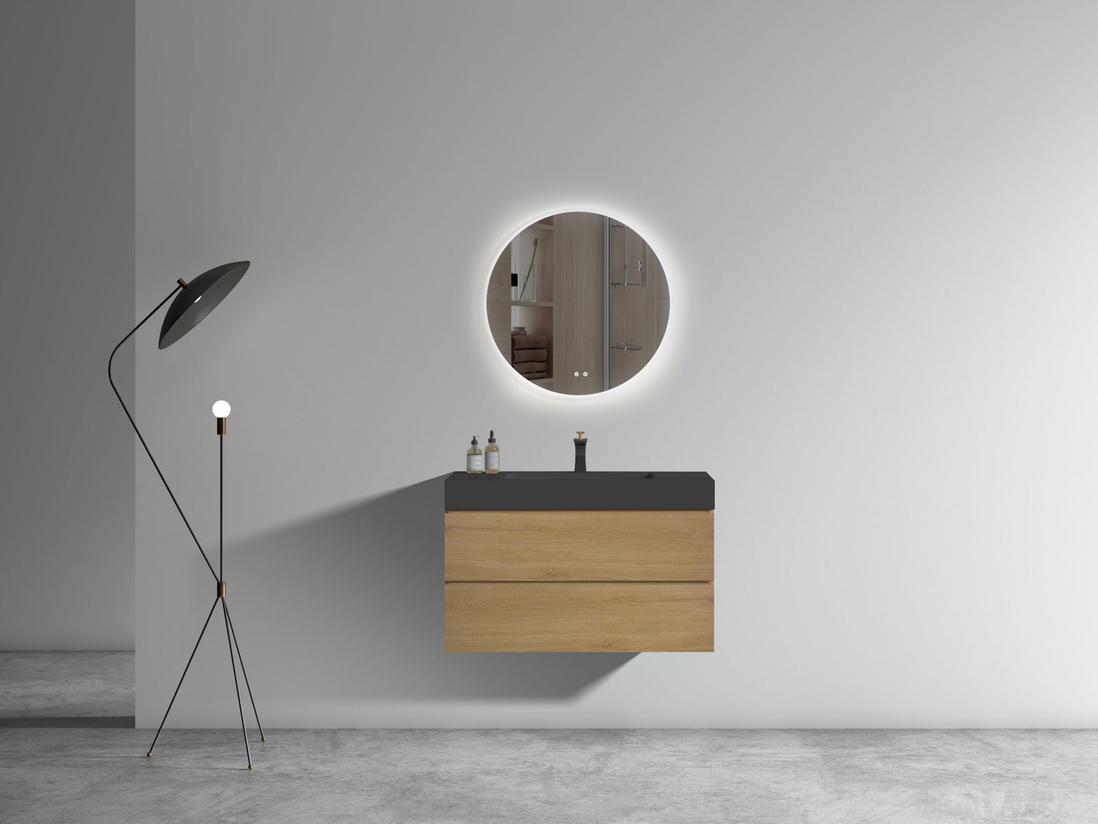 THE FURNITURE CO. Vanity Default Natural Oak Bathroom Vanity with Large Storage and Black Sink In Natural Oak