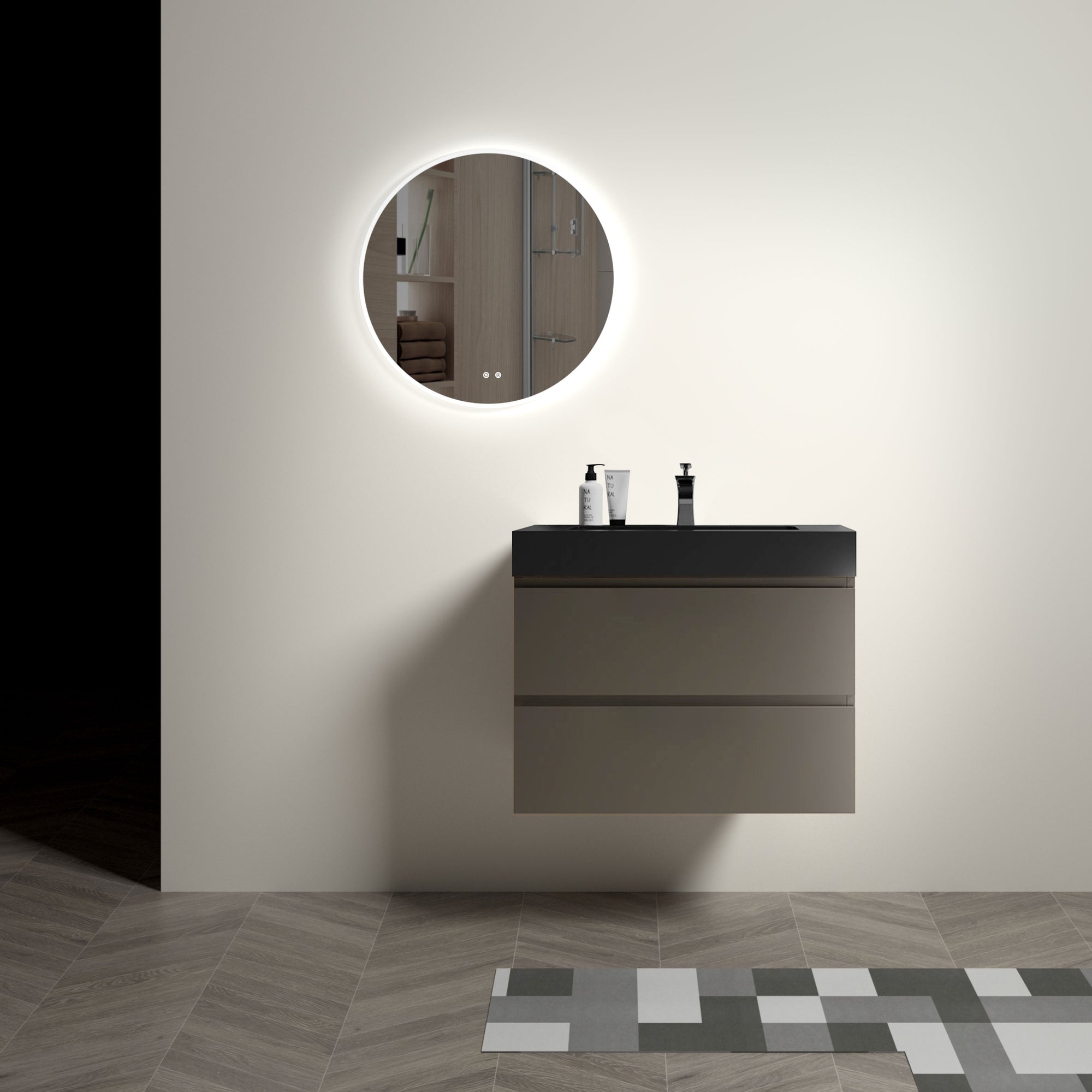 30 Gray Bathroom Vanity with Sink Large Storage Wall Mounted Floating Design One-Piece Black Sink Basin In Gray