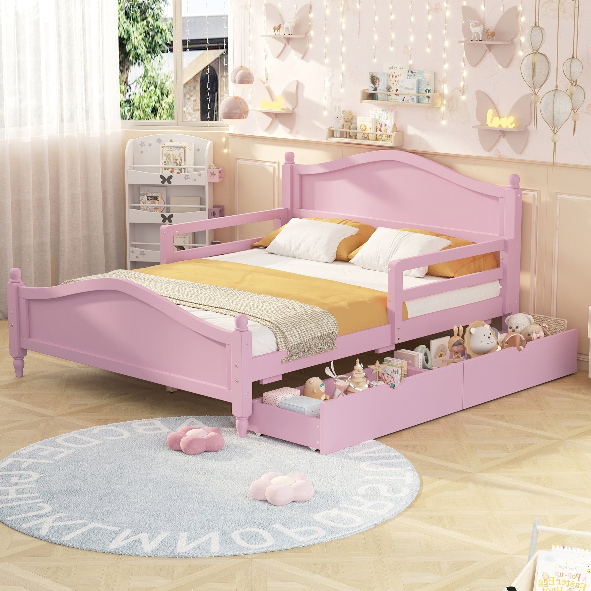 Full Size Wood Platform Bed with Guardrails and Storage Drawers in Pink