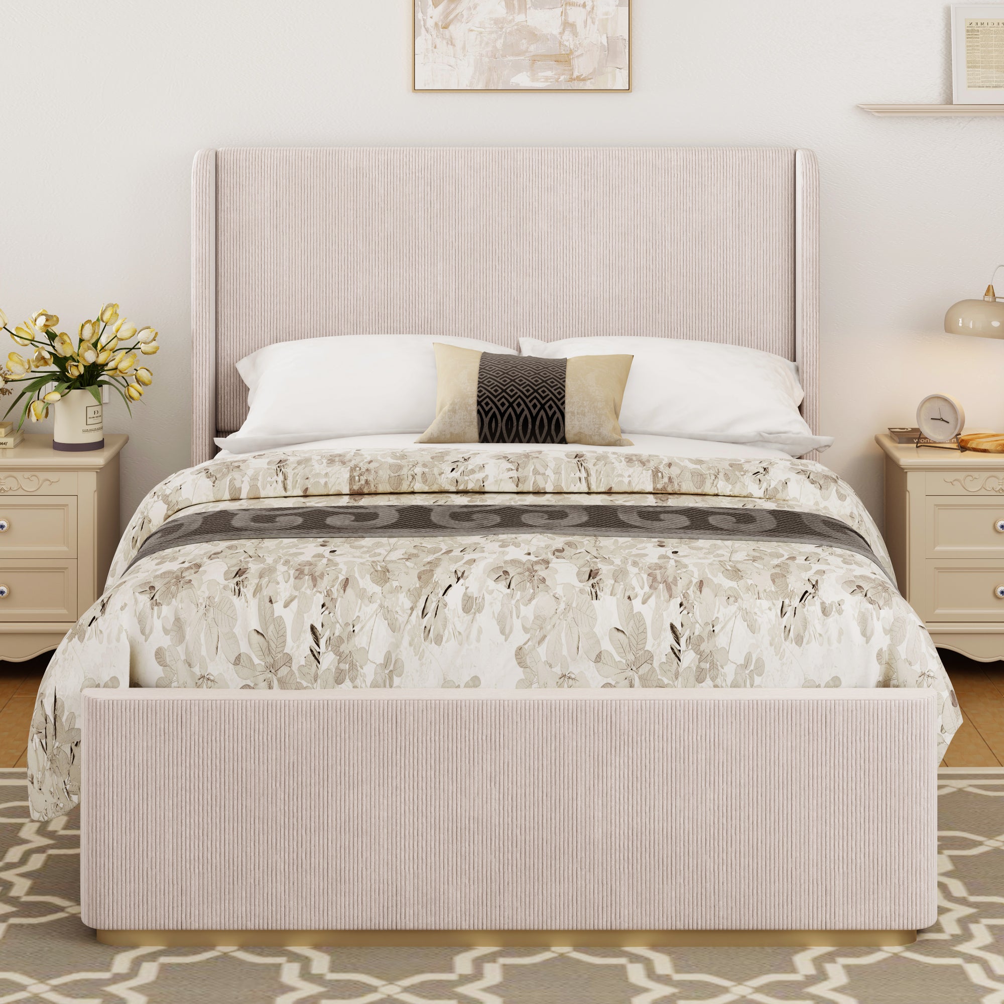 Pink Queen Upholstered Corduroy Bed Frame with High Wingback Headboard