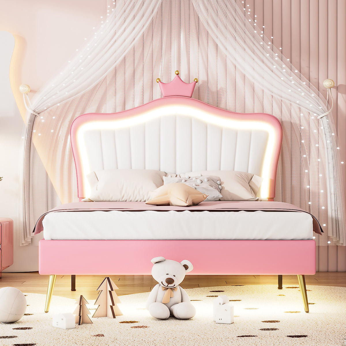 Full Size Upholstered Bed Frame with LED Lights Crown Headboard In White Pink