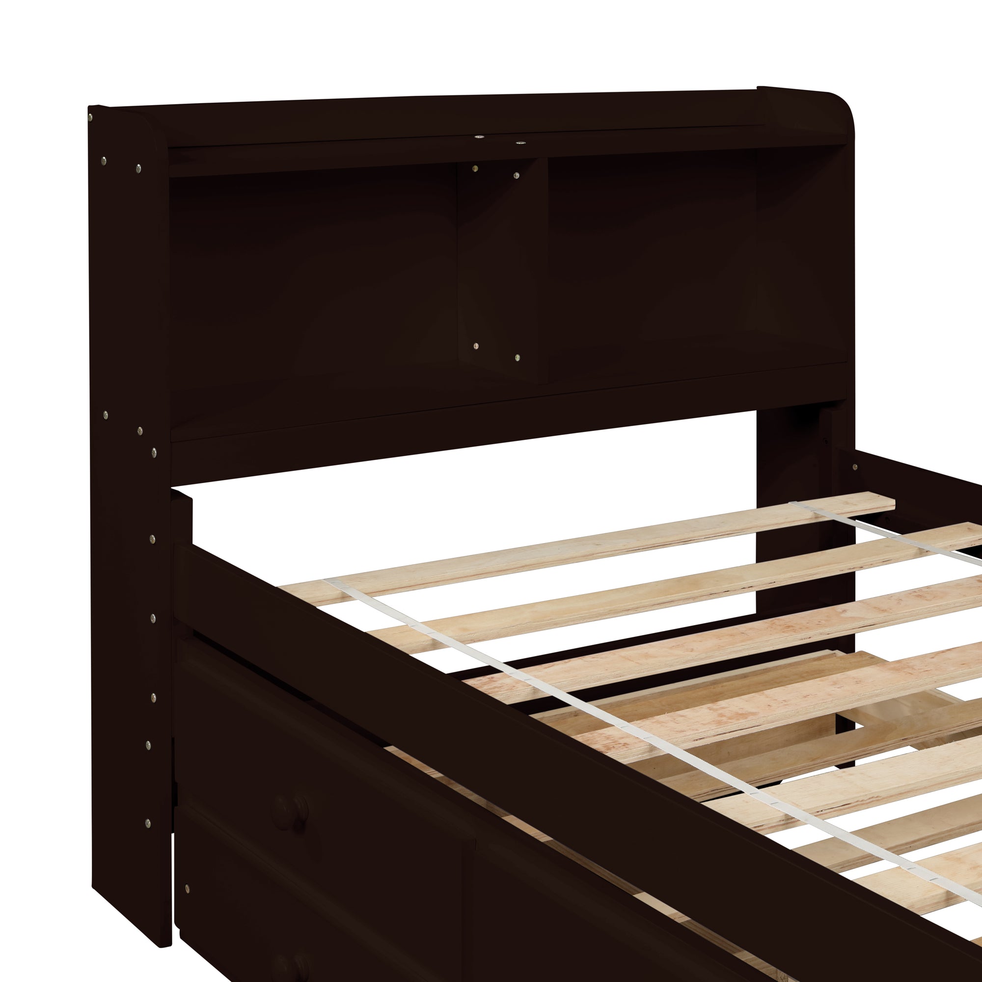 Twin Size Bed with Storage Integrated Headboard, Trundle & Drawers in Espresso