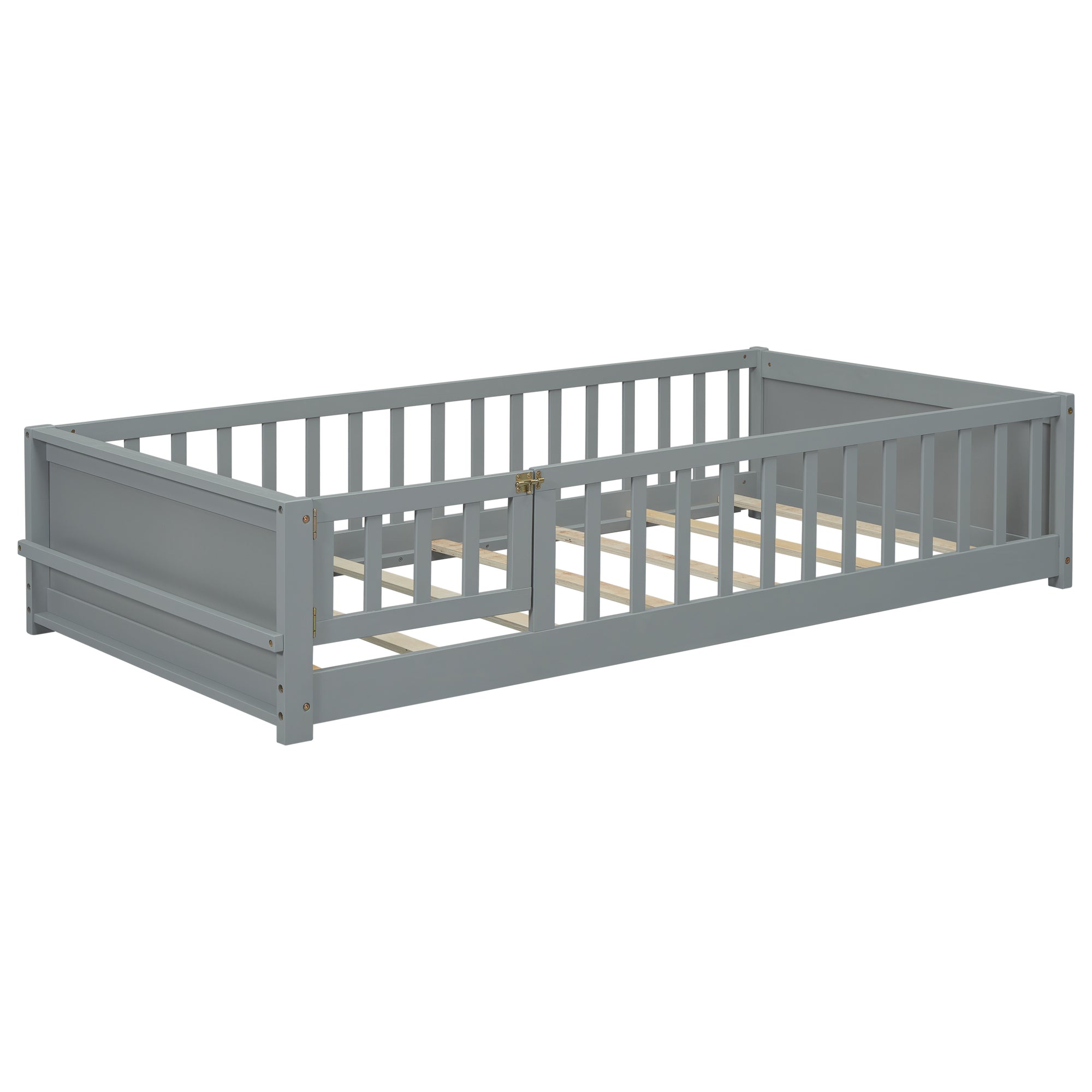 Gray Twin-Size Toddler Floor Platform Bed with Built-in Book Storage and Safety Guardrails