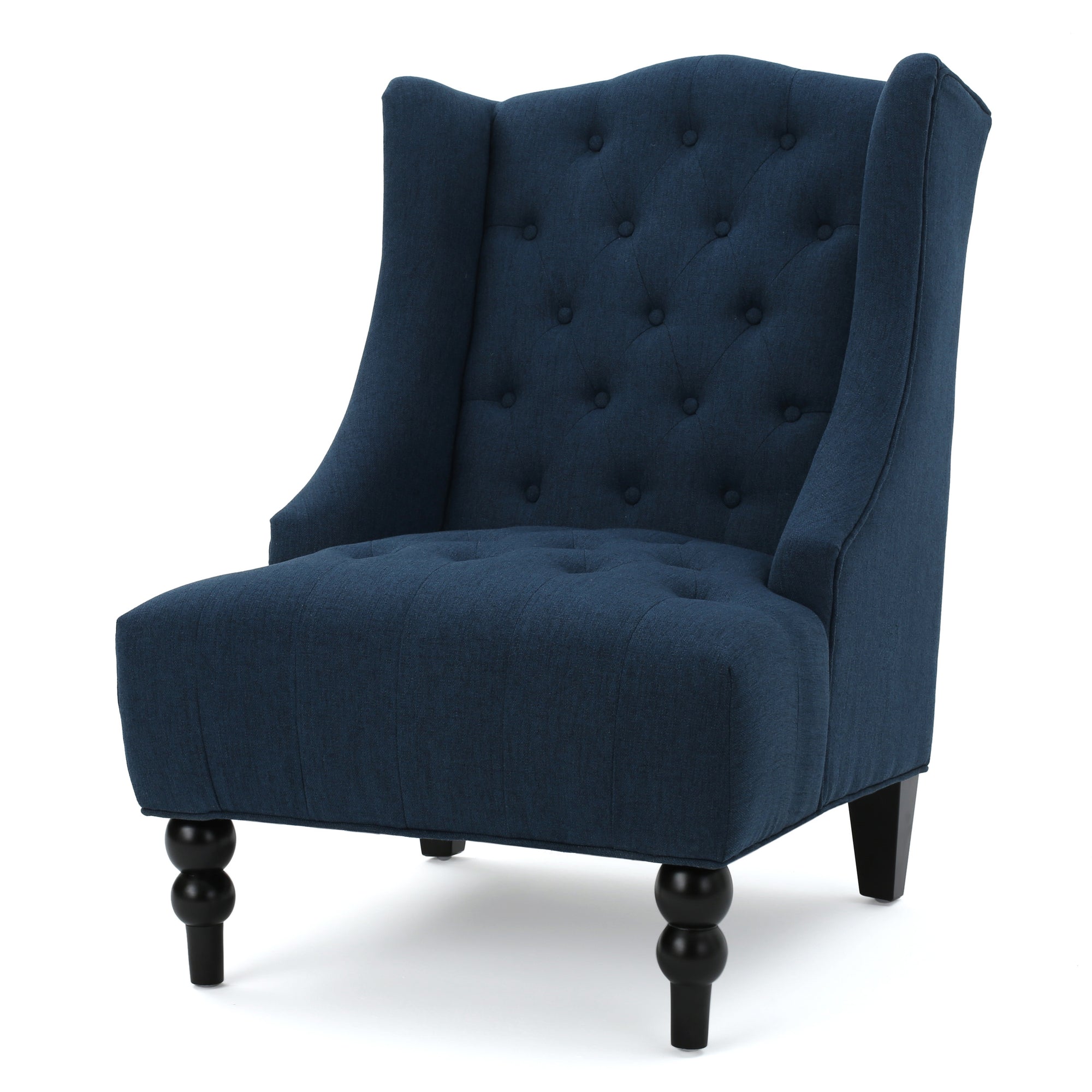 Upholstered Wingback Chair In Navy Blue Linen