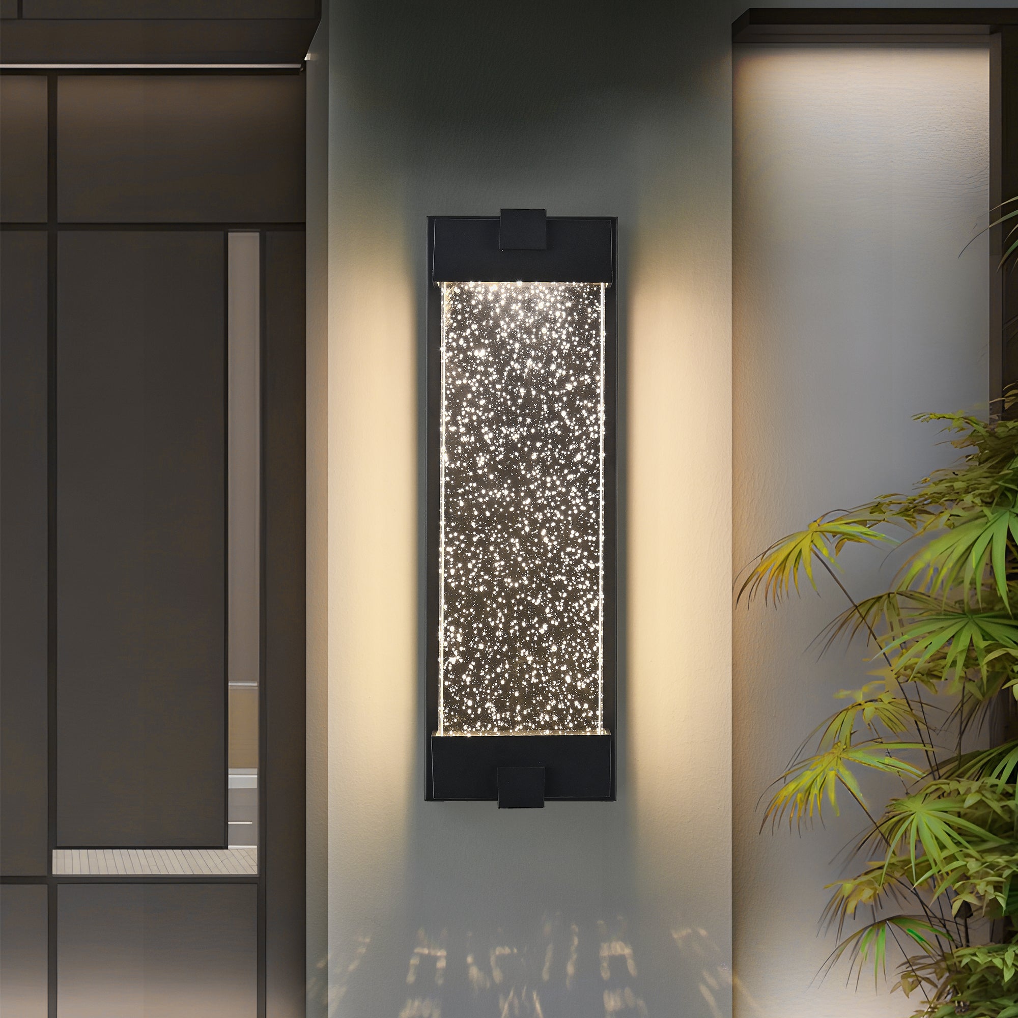 Black Aluminum Finish Outdoor Wall Light with Bubble Crystal Glass